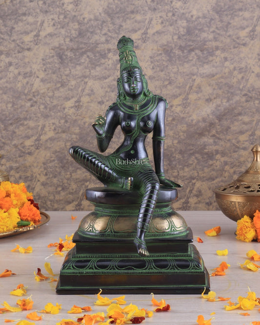 Pure Brass Superfine Seated Parvati Idol black and green Finish - 11" Tall - Sama Homes Idol - Brass Sculpture