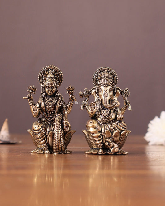 Pure Brass Superfine Small ganesh Lakshmi Idol - 2.5" Tall - Sama Homes Idol - Brass Sculpture