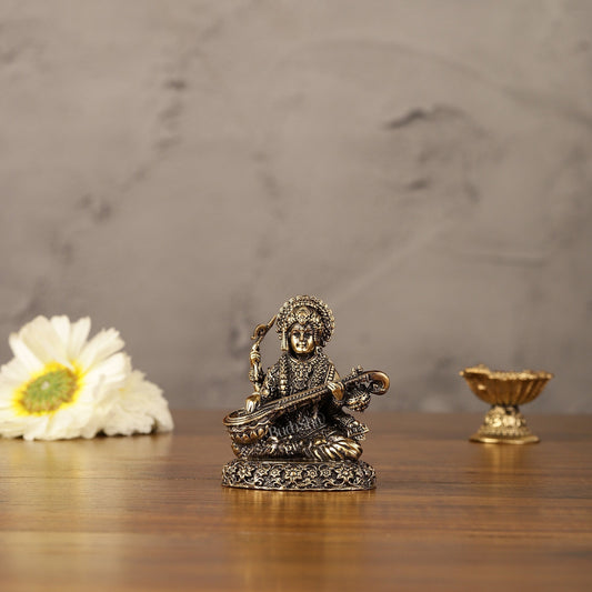 Pure brass superfine Small goddess Saraswati idol 3" - Sama Homes Idol - Brass Sculpture