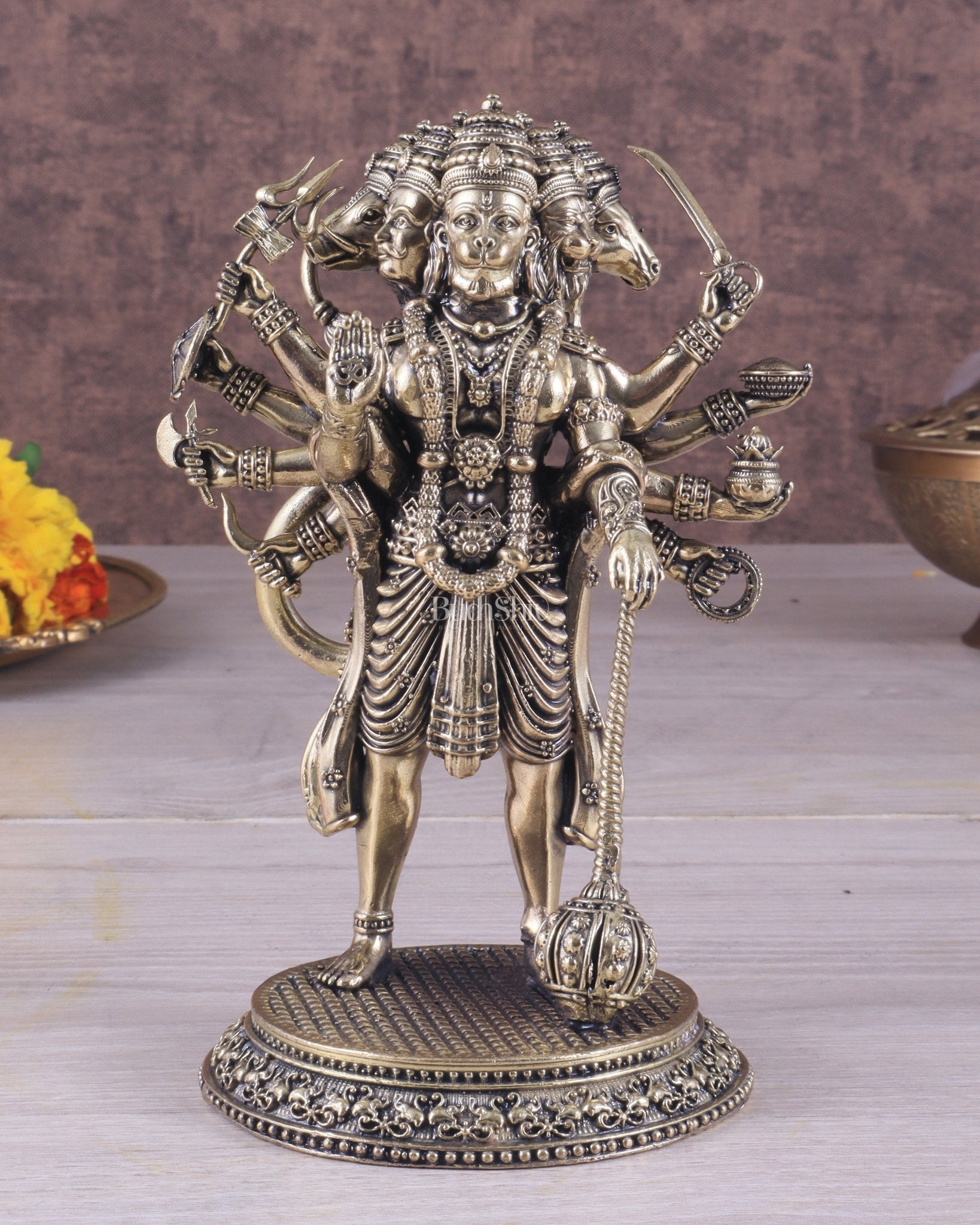 Pure Brass Superfine Standing Panchmukhi Hanuman Idol 6.5" - Sama Homes Idol - Brass Sculpture - Eco-friendly - Sama Homes