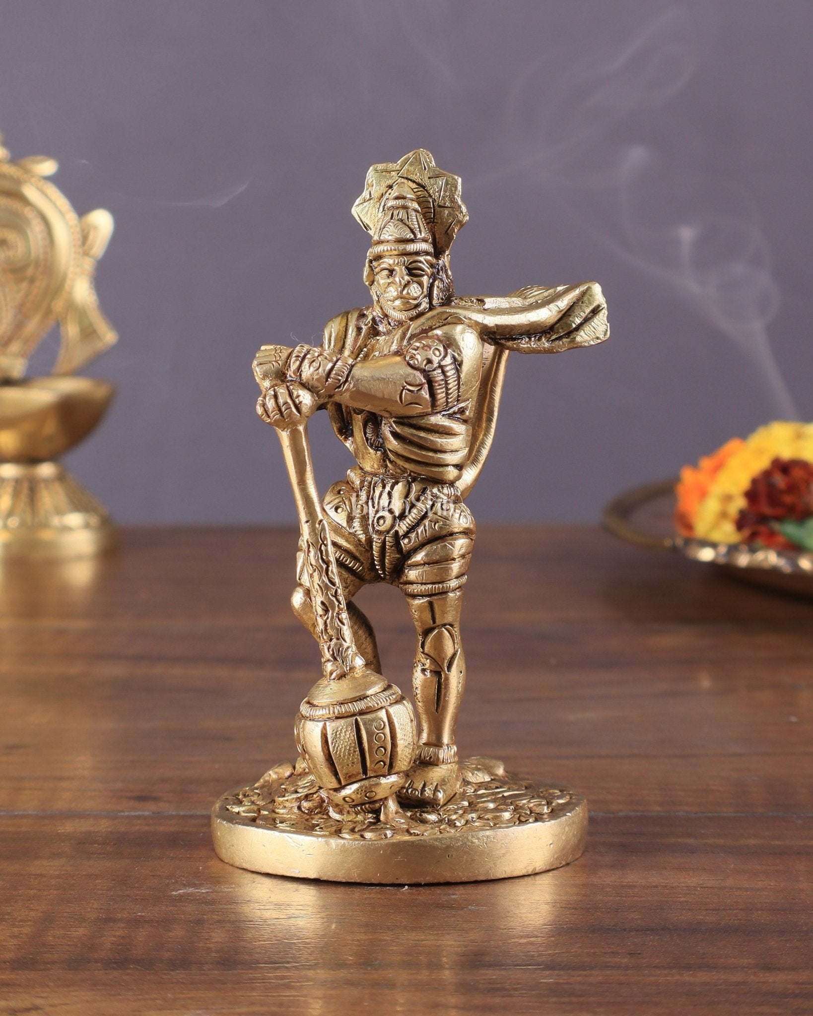 Pure Brass Superfine Standing Powerful Bahubali Hanuman Idol 4" - Sama Homes Idol - Brass Sculpture - Eco-friendly - Sama Homes