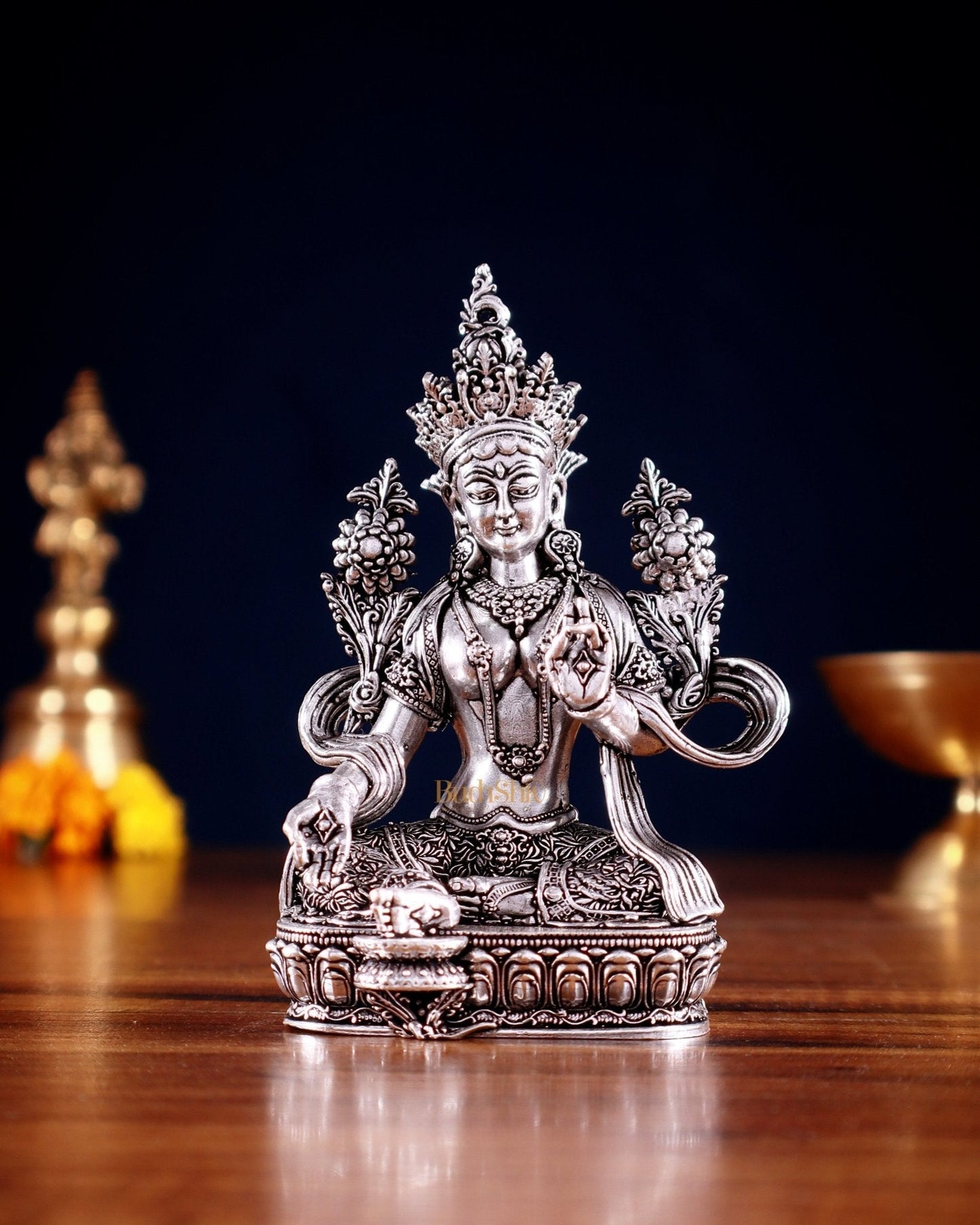 Pure Brass Superfine Tibetan Green Tara Idol 4.5" silver plated - Sama Homes Idol - Brass Sculpture