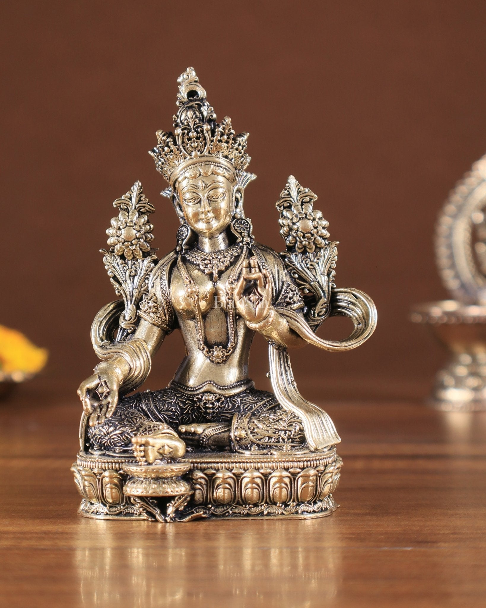 Pure Brass Superfine Tibetan Green Tara Idol 4.5" - Sama Homes Idol - Brass Sculpture - Eco-friendly - Sama Homes