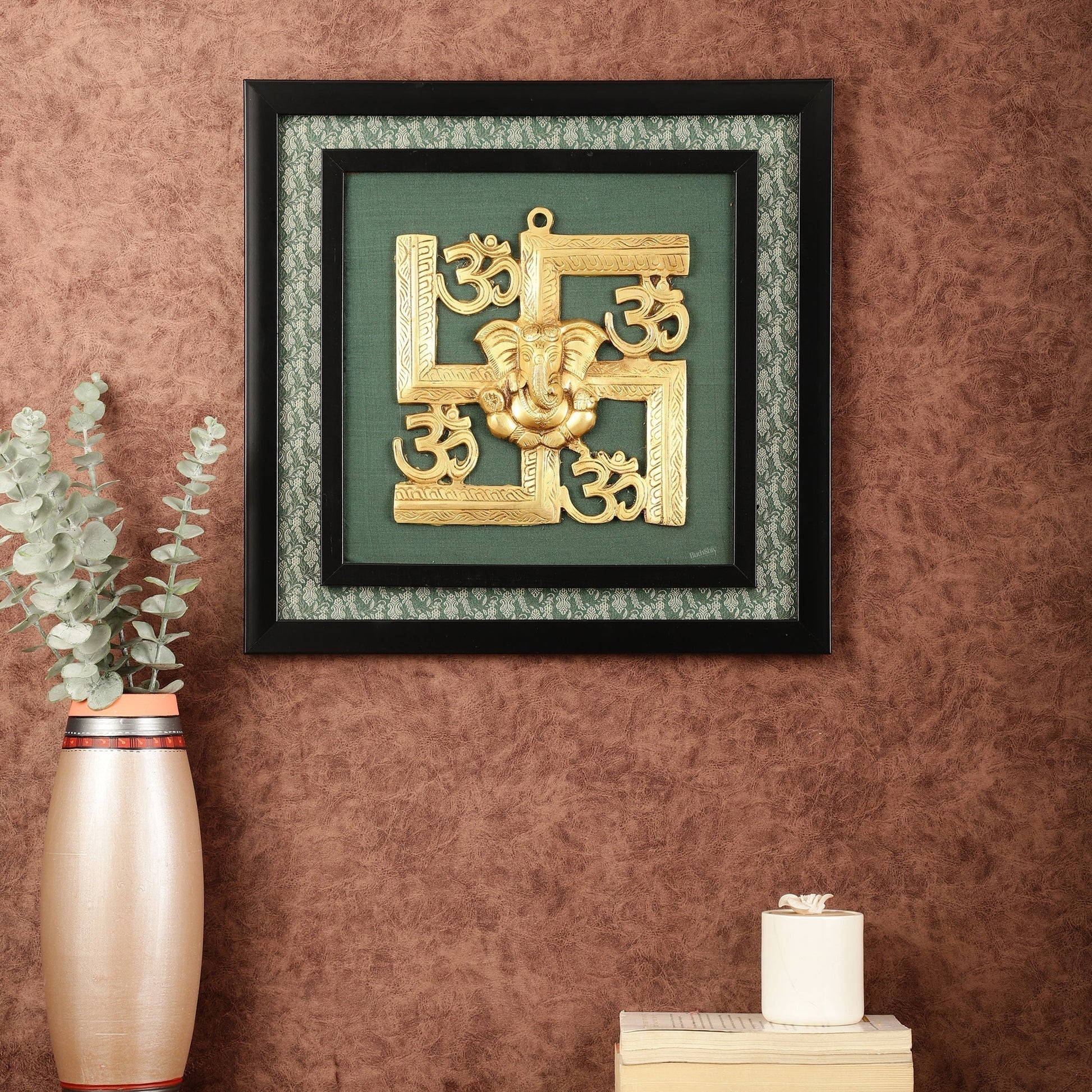 Pure Brass Swastik Ganesha Hanging on Wooden Frame with Premium Fabric - 16" x 16" - Sama Homes Idol - Brass Sculpture - Eco-friendly - Sama Homes