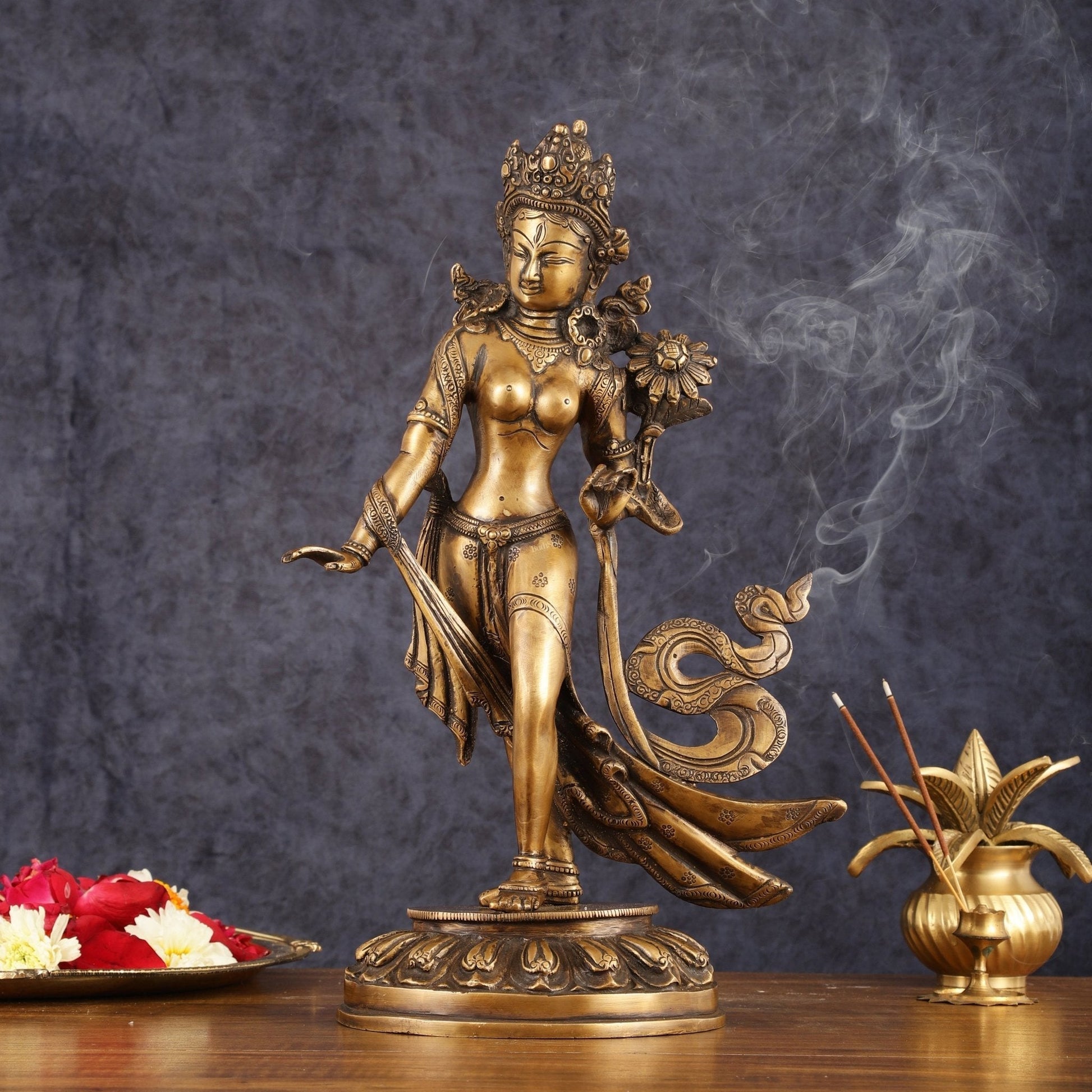 Pure Brass Tibetan Tara Devi Buddhist Goddess Idol - 15" Standing Statue - Sama Homes Idol - Brass Sculpture - Eco-friendly - Sama Homes
