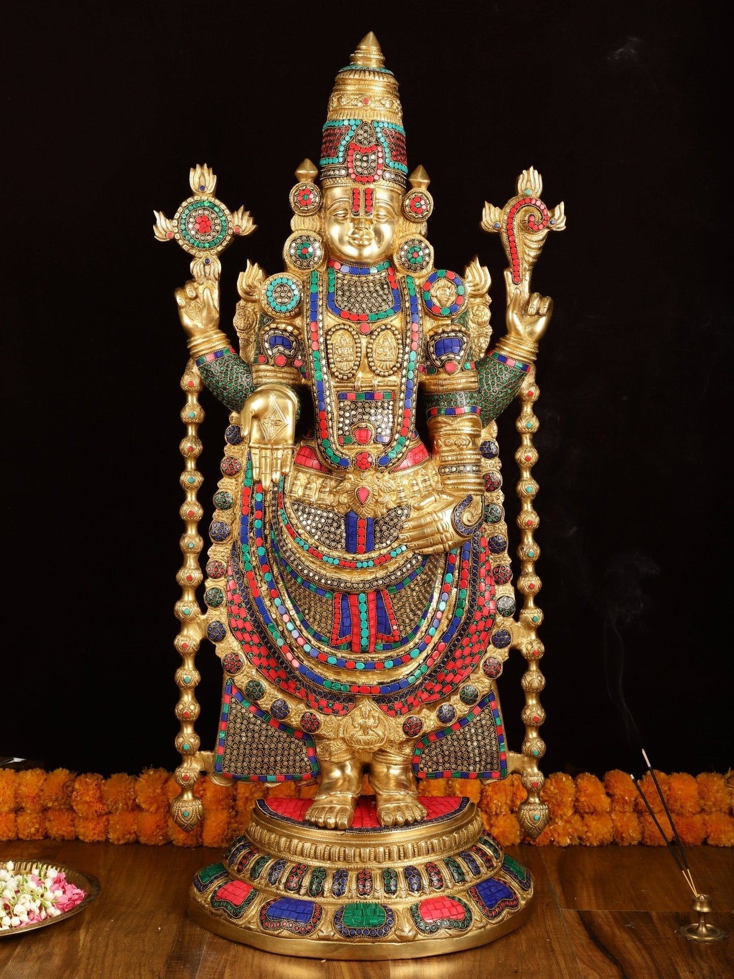 Pure Brass Tirupati Balaji Idol with Stonework 38" - Sama Homes Idol - Brass Sculpture