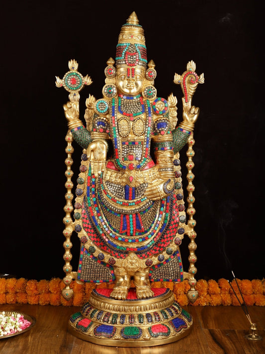 Pure Brass Tirupati Balaji Idol with Stonework 38" - Sama Homes Idol - Brass Sculpture