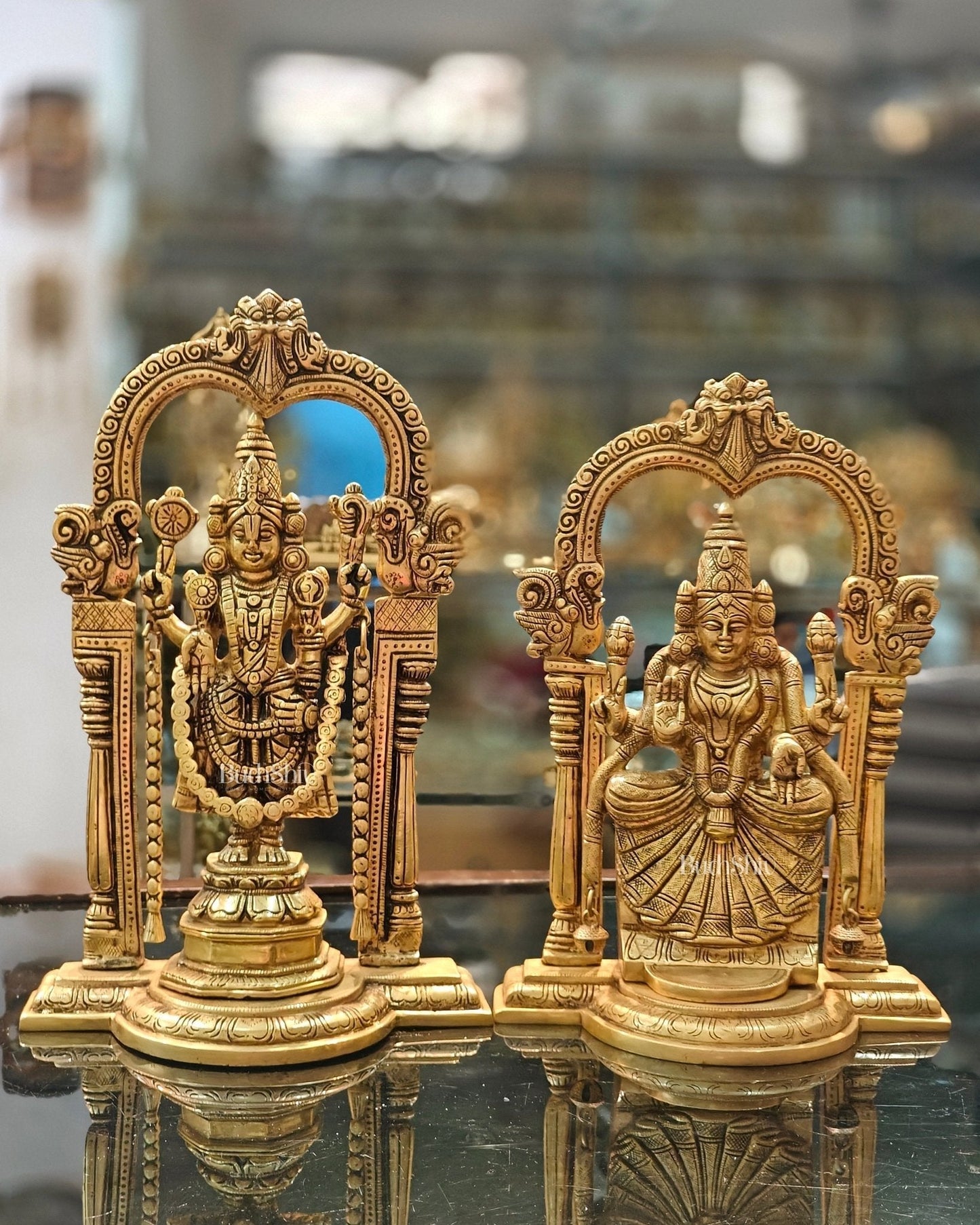 Pure Brass Tirupati Balaji with Padmavathi Statue | 14" Balaji & 11.5" Padmavathi - Sama Homes Idol - Brass Sculpture