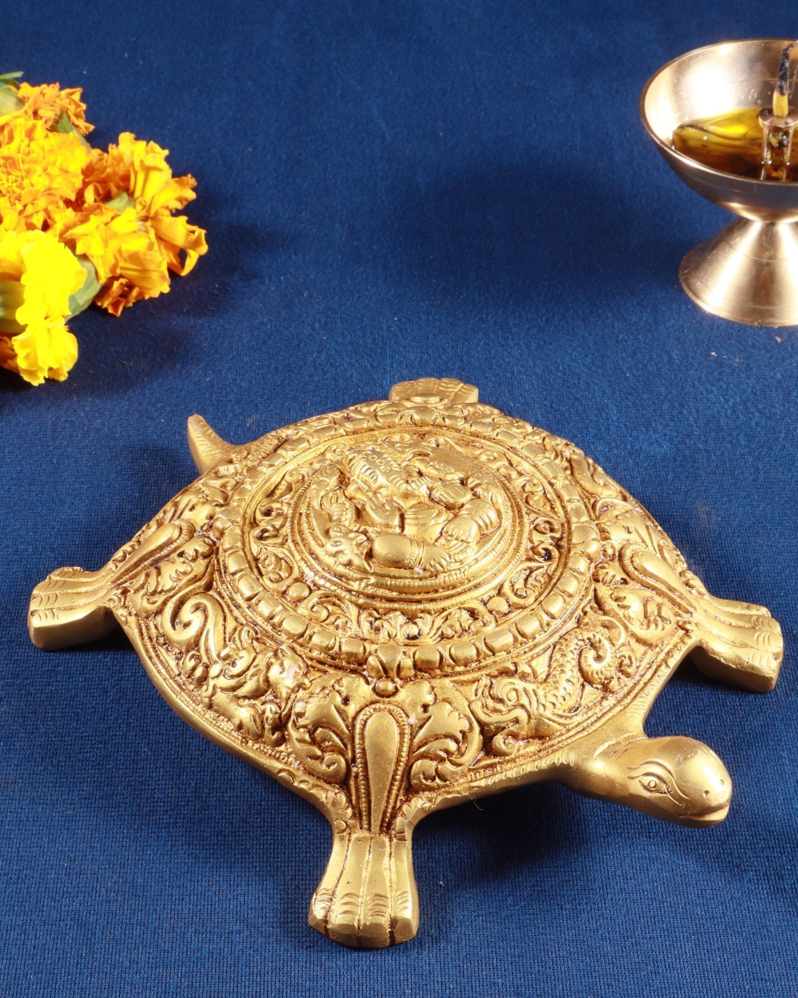 Pure Brass Tortoise with Lord Ganesha Engraving – Vastu Approved, 8 Inch - Sama Homes Idol - Brass Sculpture - Eco-friendly - Sama Homes