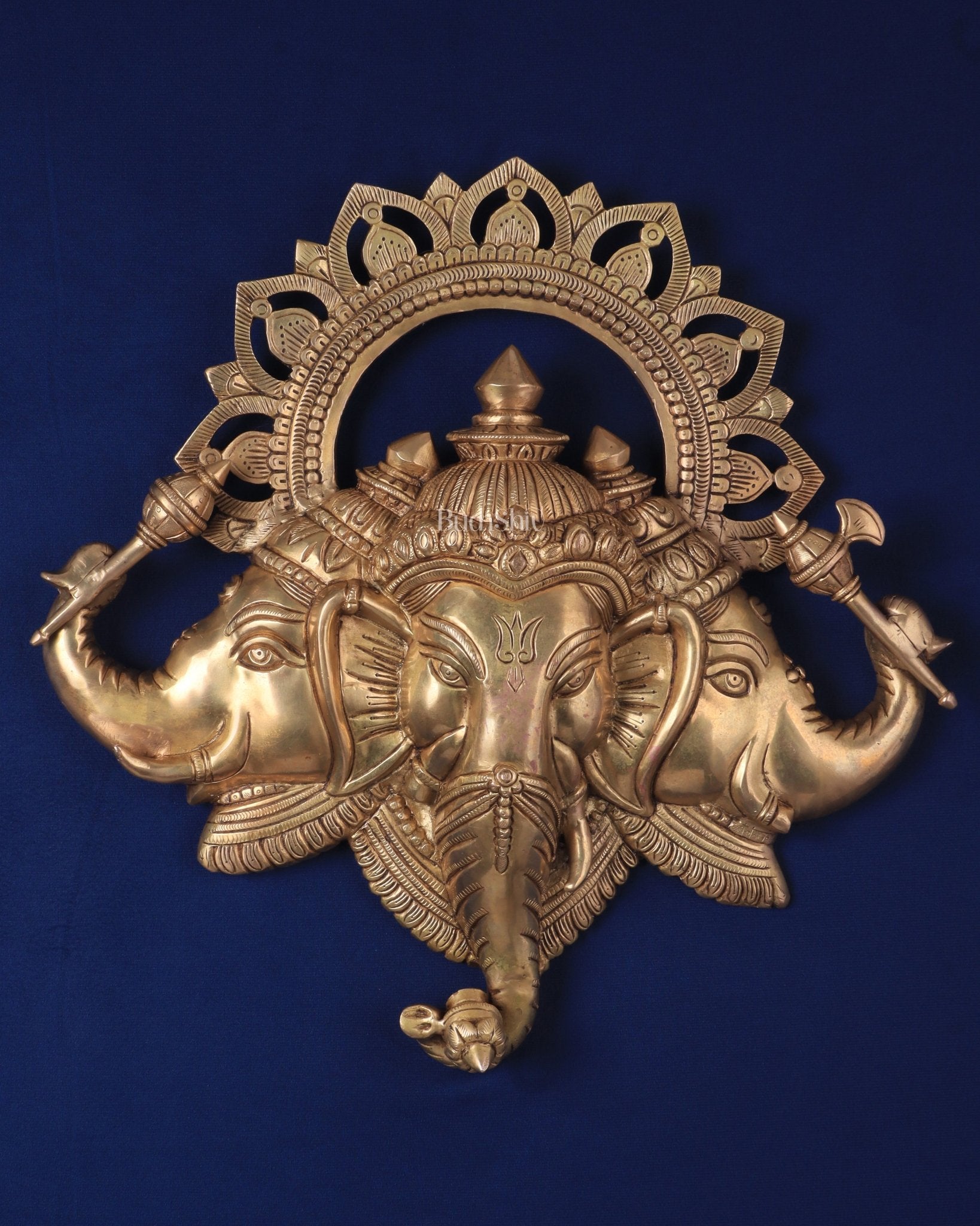 Pure Brass Trimukhi Ganapati Wall Hanging 17.5" - Sama Homes Idol - Brass Sculpture - Eco-friendly - Sama Homes