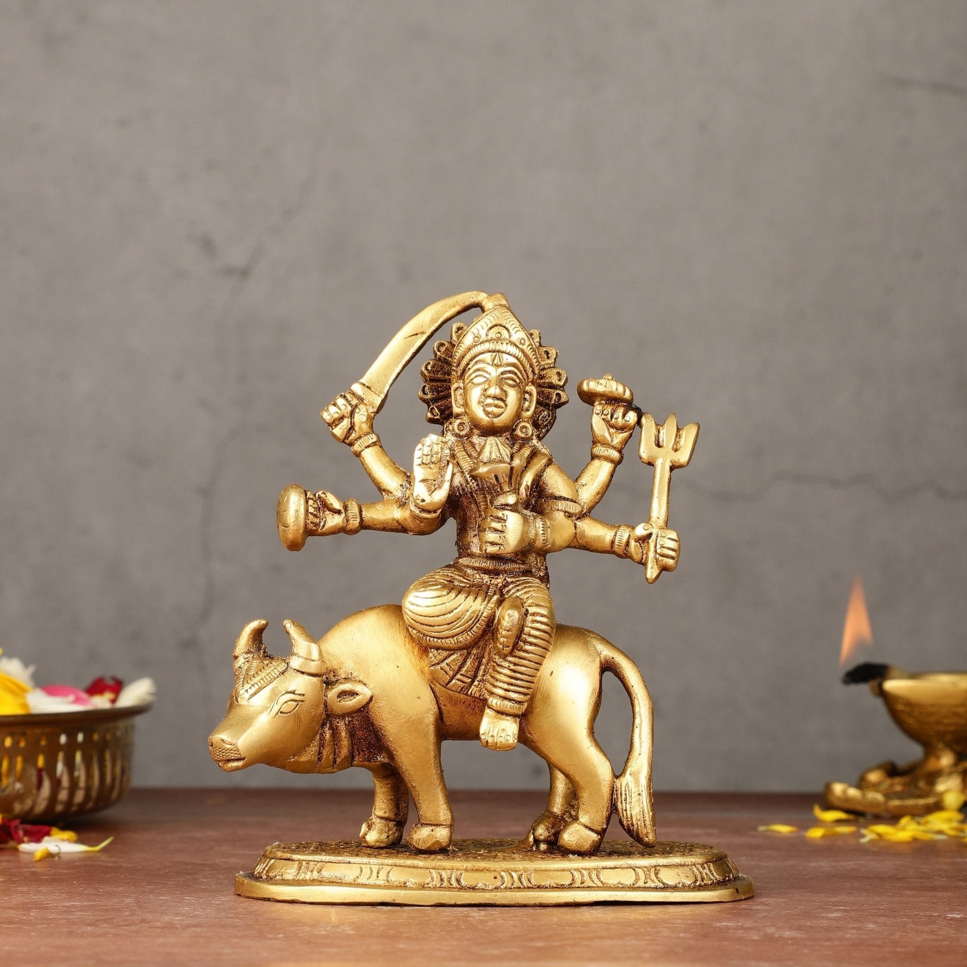 Pure Brass Umiya Mata Idol - 5.5" durga on cow - Sama Homes Idol - Brass Sculpture - Eco-friendly - Sama Homes