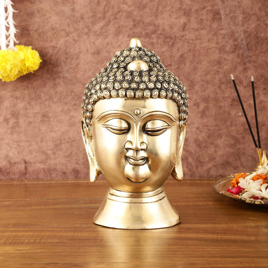 Pure Brass Unique Buddha Head Statue with Mani - 9" - Sama Homes Idol - Brass Sculpture