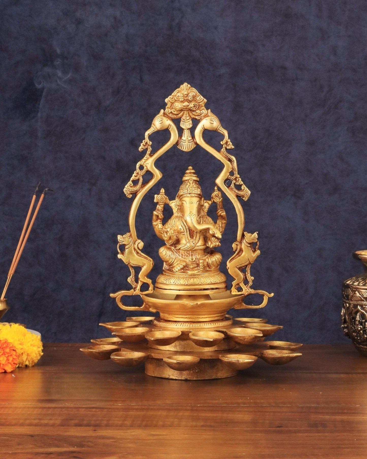Pure Brass Unique Ganesha Statue with Diyas and Thiruvarchi Frame - 12" - Sama Homes Idol - Brass Sculpture