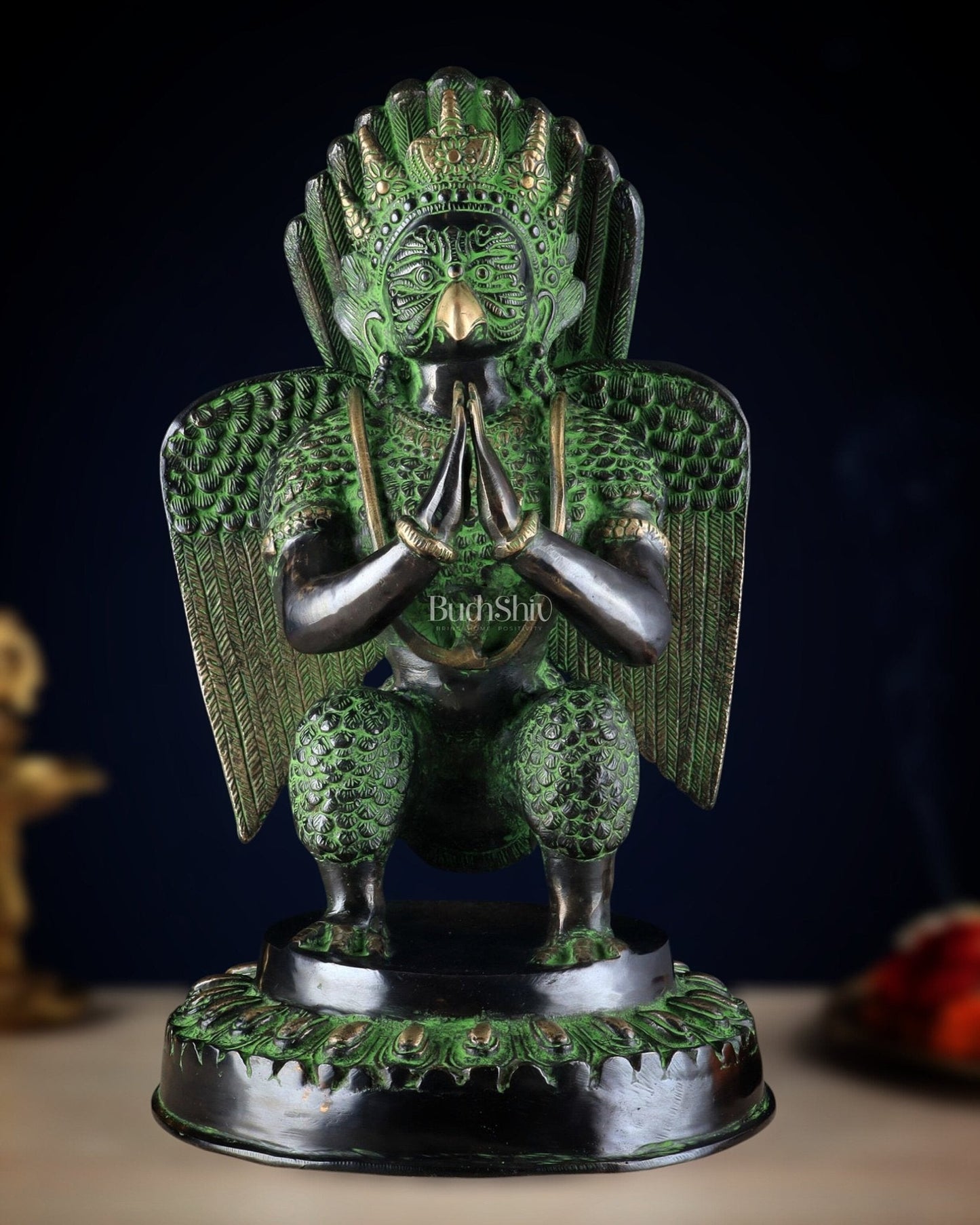 Pure Brass Unique Garuda Dev Statue (Black and Green Antique Tone) 17" - Sama Homes Idol - Brass Sculpture