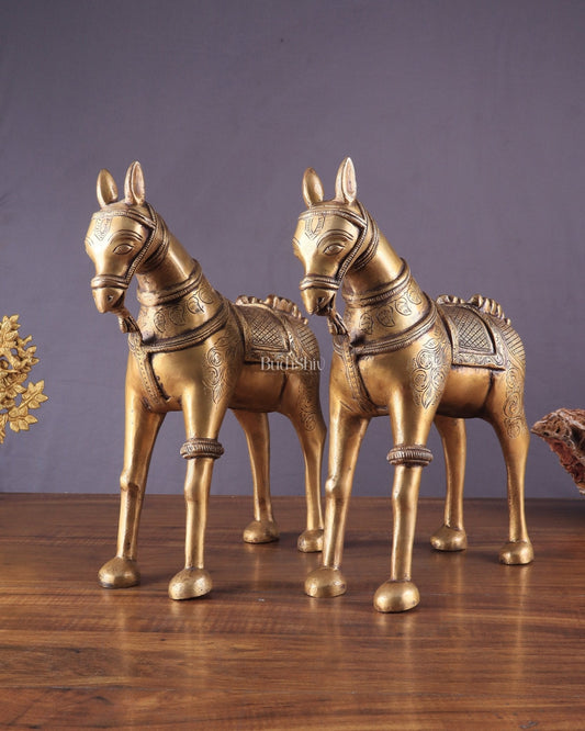 Pure Brass Unique Horse Statue Showpiece Pair | Elegant Home Decor 12.6"