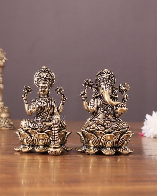 Pure Brass Unique Lord Ganesha and Goddess Lakshmi Idols 3" - Sama Homes Idol - Brass Sculpture