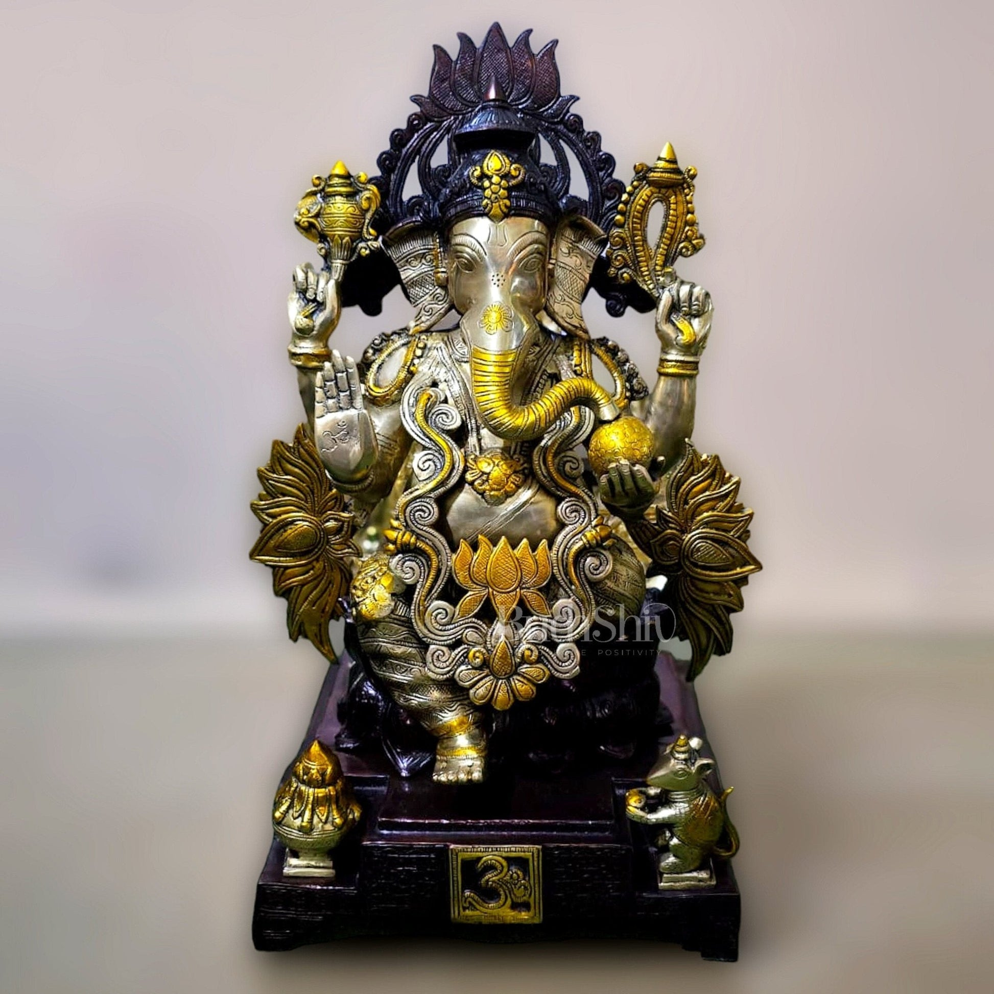 Pure Brass Unique Lotus Ganapati Sculpture | 25" - Sama Homes Idol - Brass Sculpture - Eco-friendly - Sama Homes
