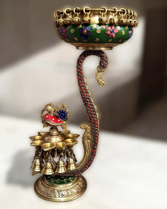 Pure Brass Unique Urli with Peacock Diyas and Stonework 15" – Sama Homes