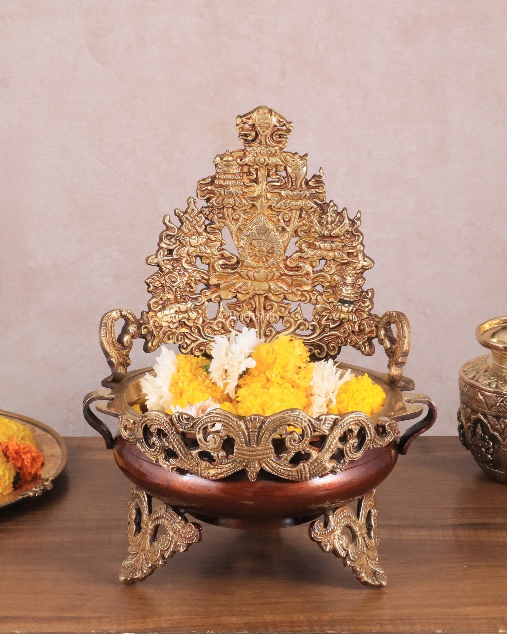 Pure Brass Urli Bowl Antique Style | 12 inch dual tone – Sama Homes - Eco-friendly - Sama Homes