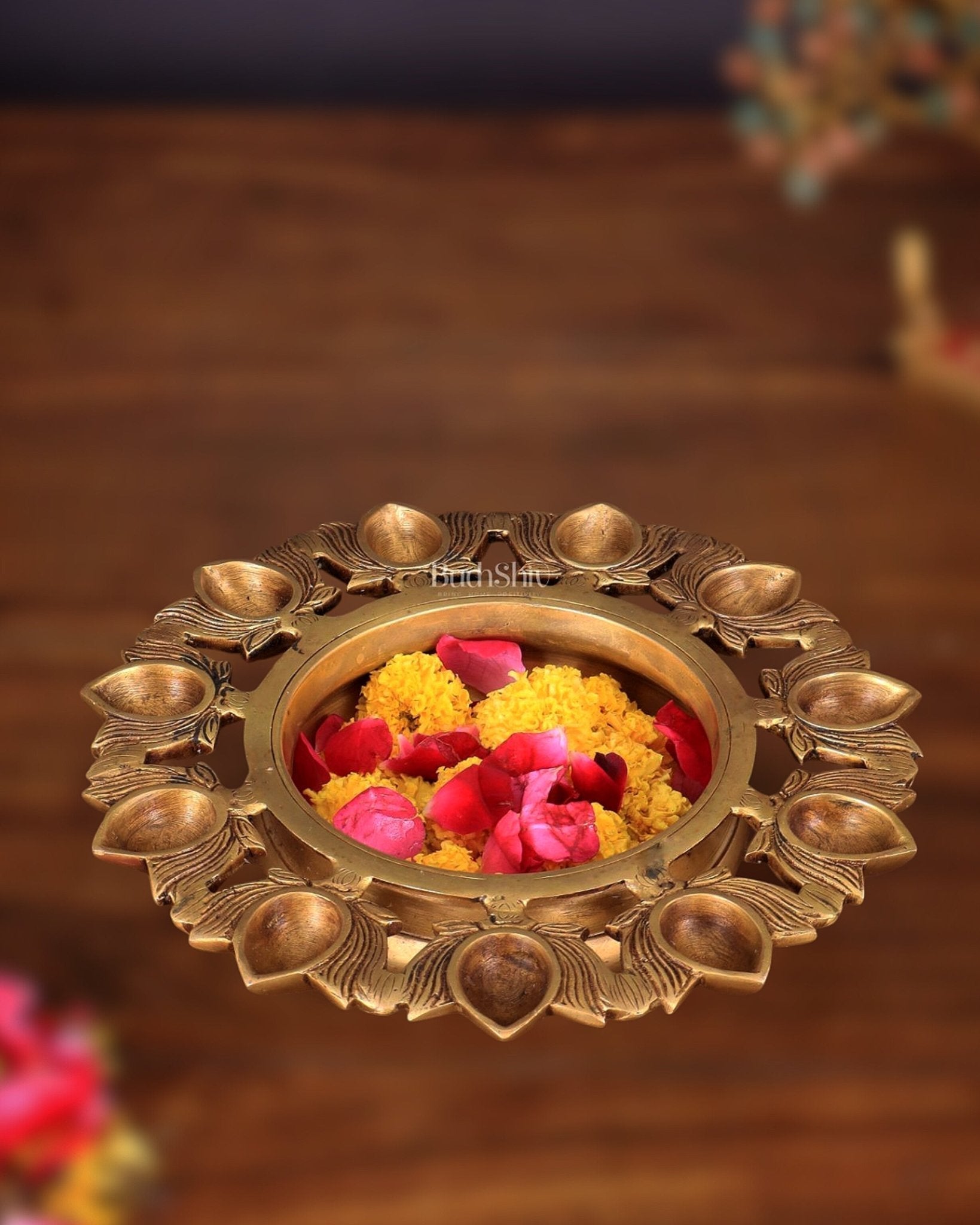 Pure Brass Urli Bowl with 11 Lotus Diyas – 9.5” x 9.5” x 2.5” – Sama Homes - Eco-friendly - Sama Homes