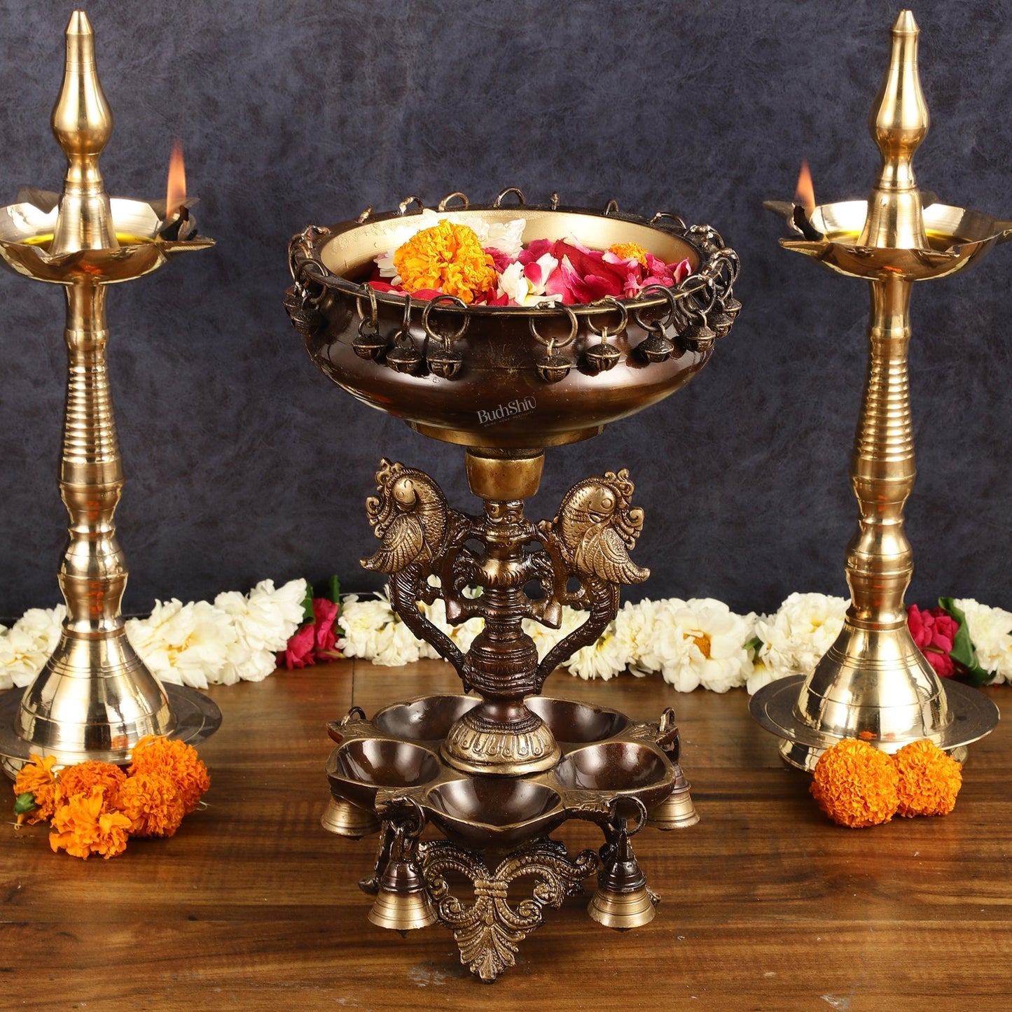 Pure Brass Urli with Stand Diyas - Antique Finish | 13 Inch – Sama Homes