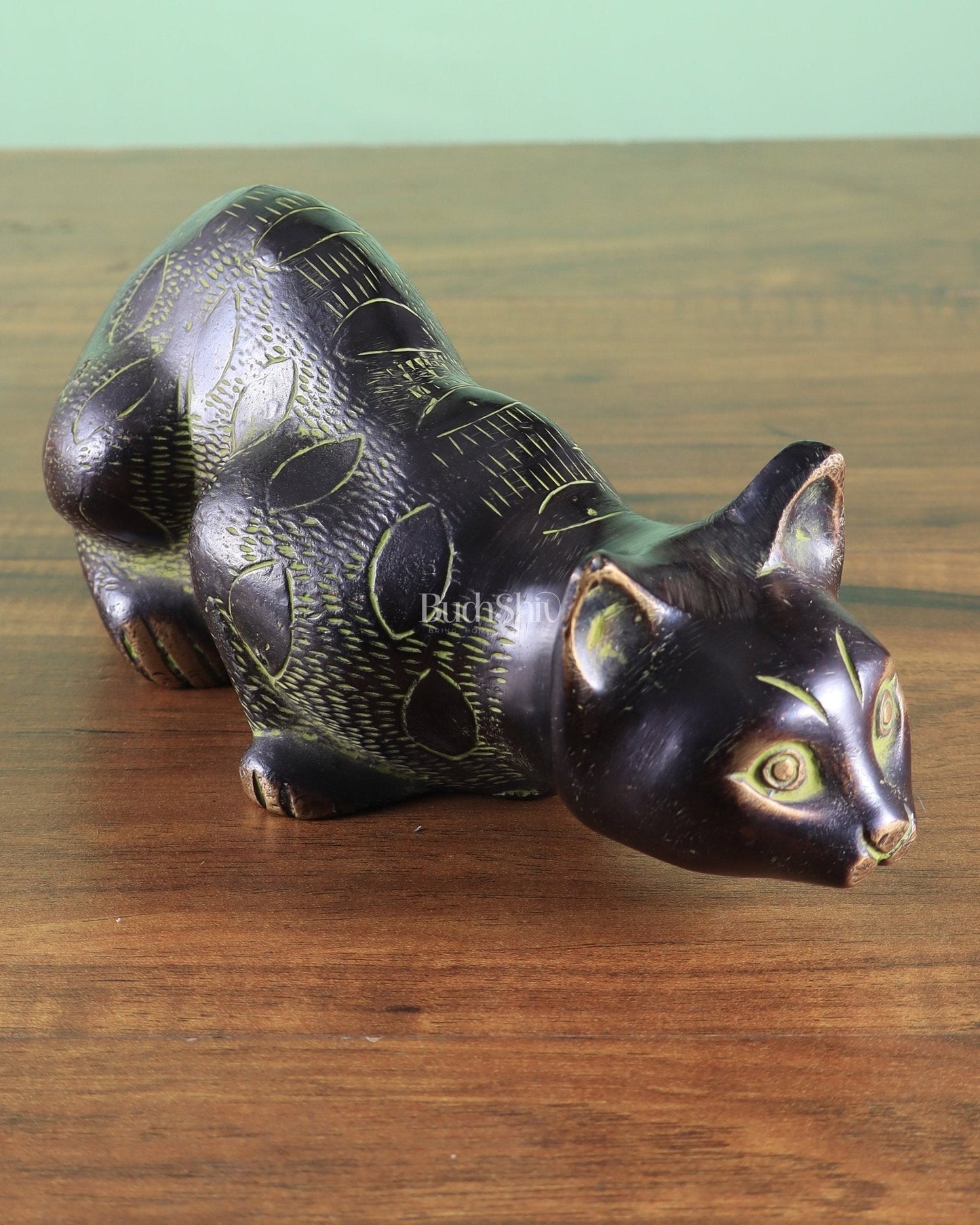Pure Brass Vastu Black Cat Drinking Water Pose Showpiece - Sama Homes Idol - Brass Sculpture