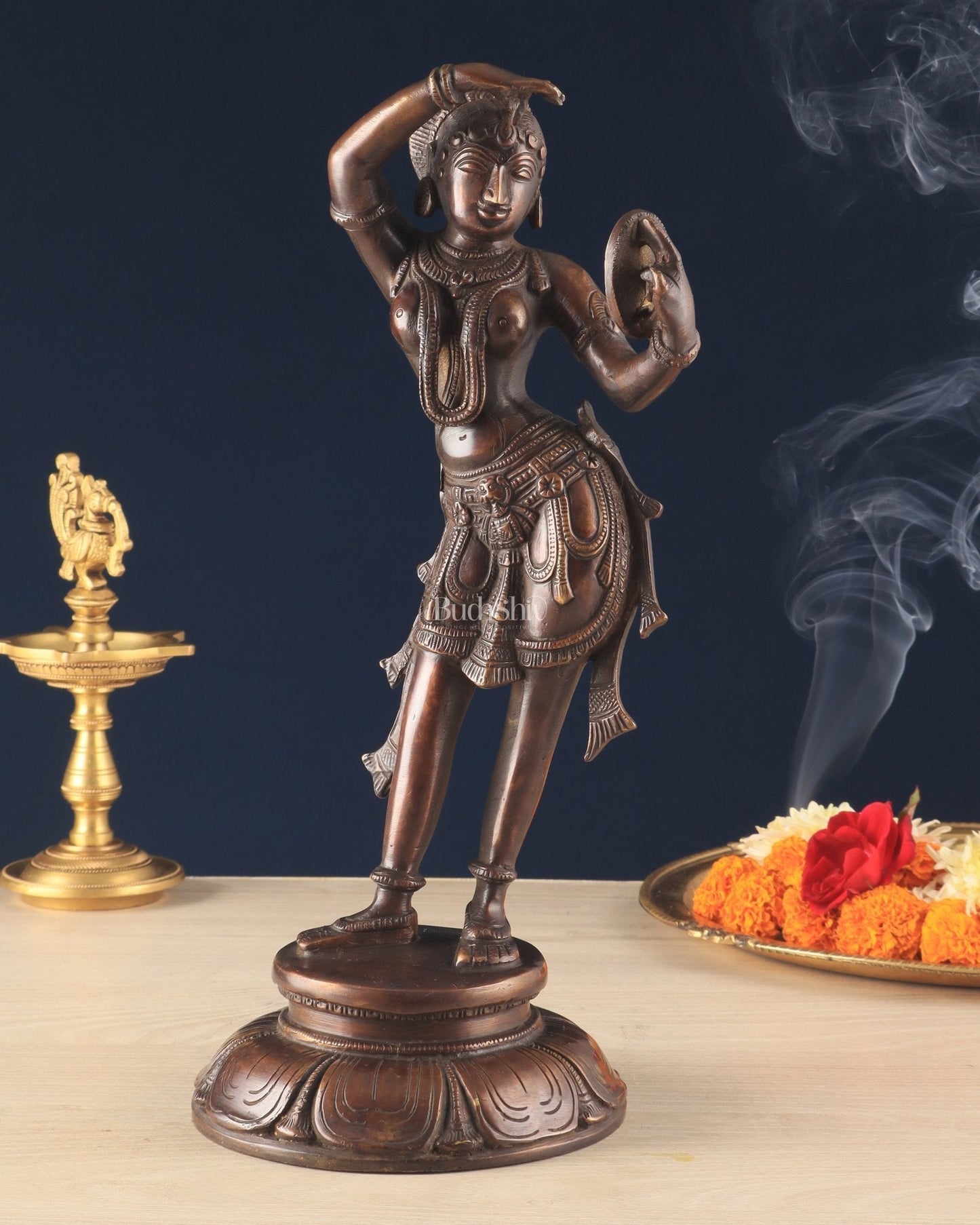 Pure Brass Vintage Apsara Statue - Mirror & Sindoor Art Sculpture (13.5 Inch, - Sama Homes Idol - Brass Sculpture