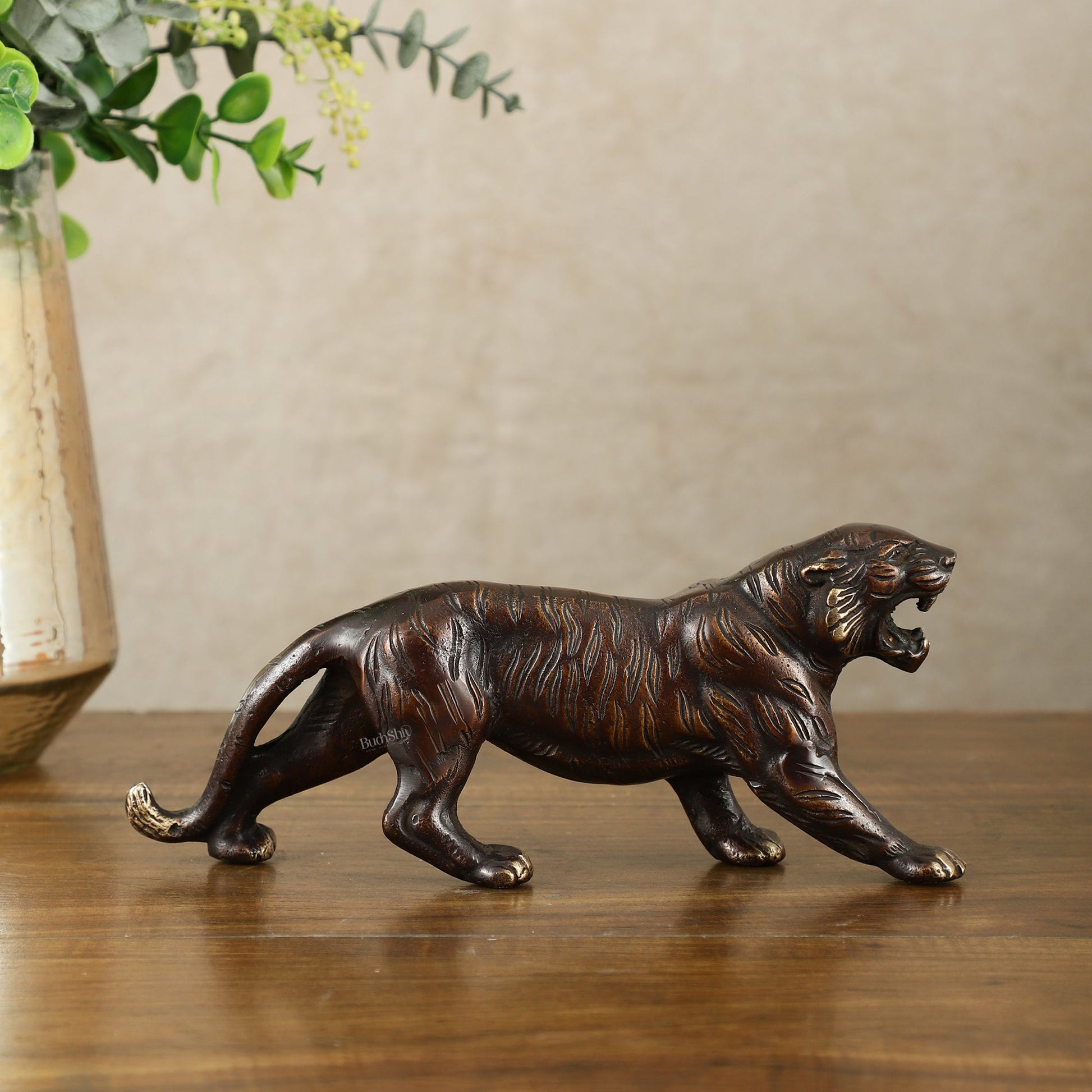 Pure Brass Vintage Brown Tiger Table Accent Showpiece – Vastu Feng Shui Approved | 9.5" Wide - Eco-friendly - Sama Homes