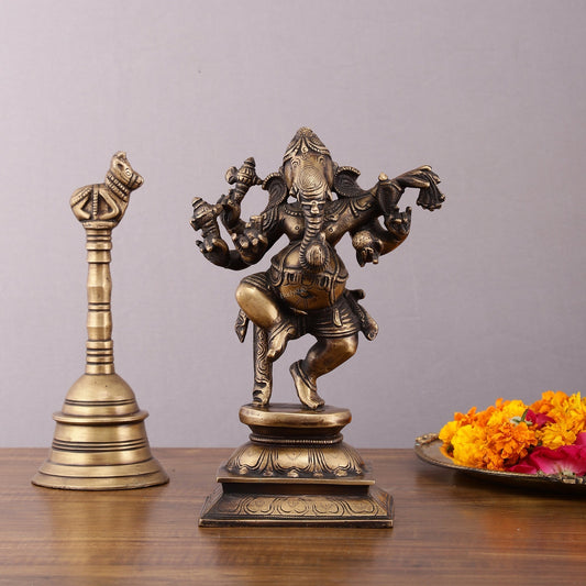 Pure Brass Vintage Dancing Ganapati Statue – 9 inch - Sama Homes Idol - Brass Sculpture