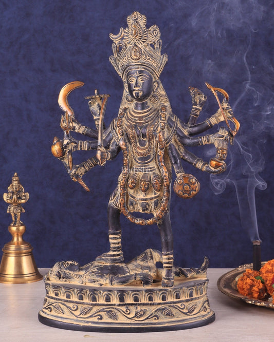 Pure Brass Vintage Goddess Kali Dashbhuja Idol | 14 inch" - Sama Homes Idol - Brass Sculpture