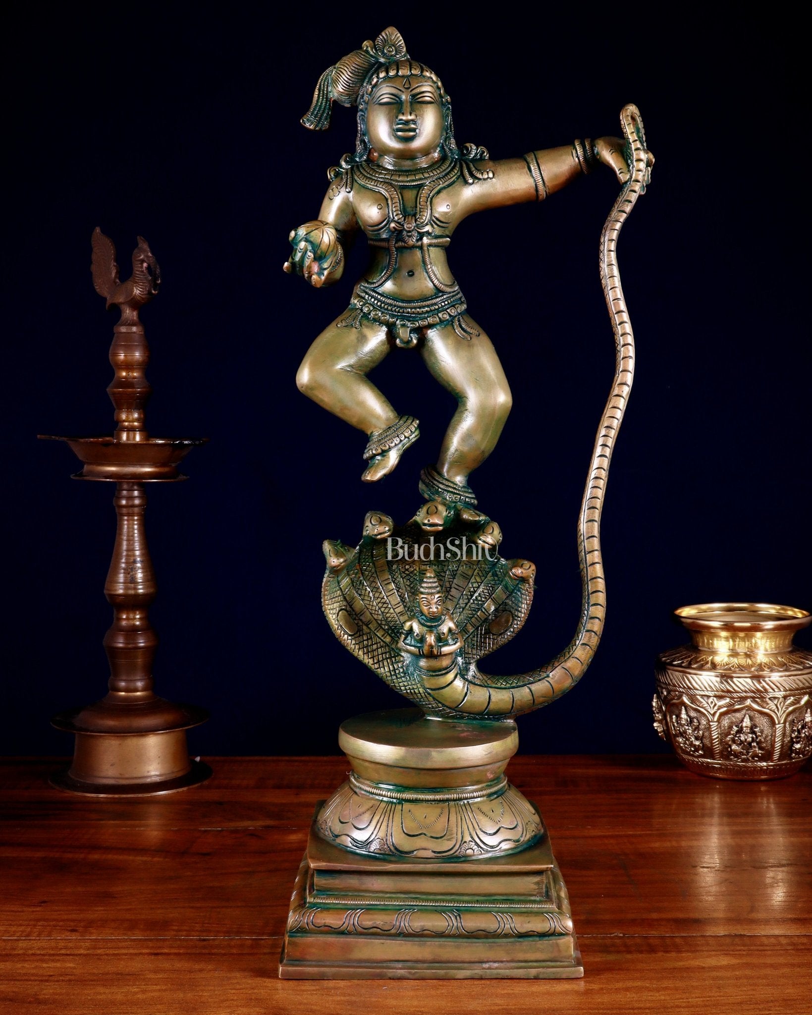 Pure Brass Vintage Kalinga Narthana Krishna Idol - 18 Inch chola craft - Sama Homes Idol - Brass Sculpture - Eco-friendly - Sama Homes