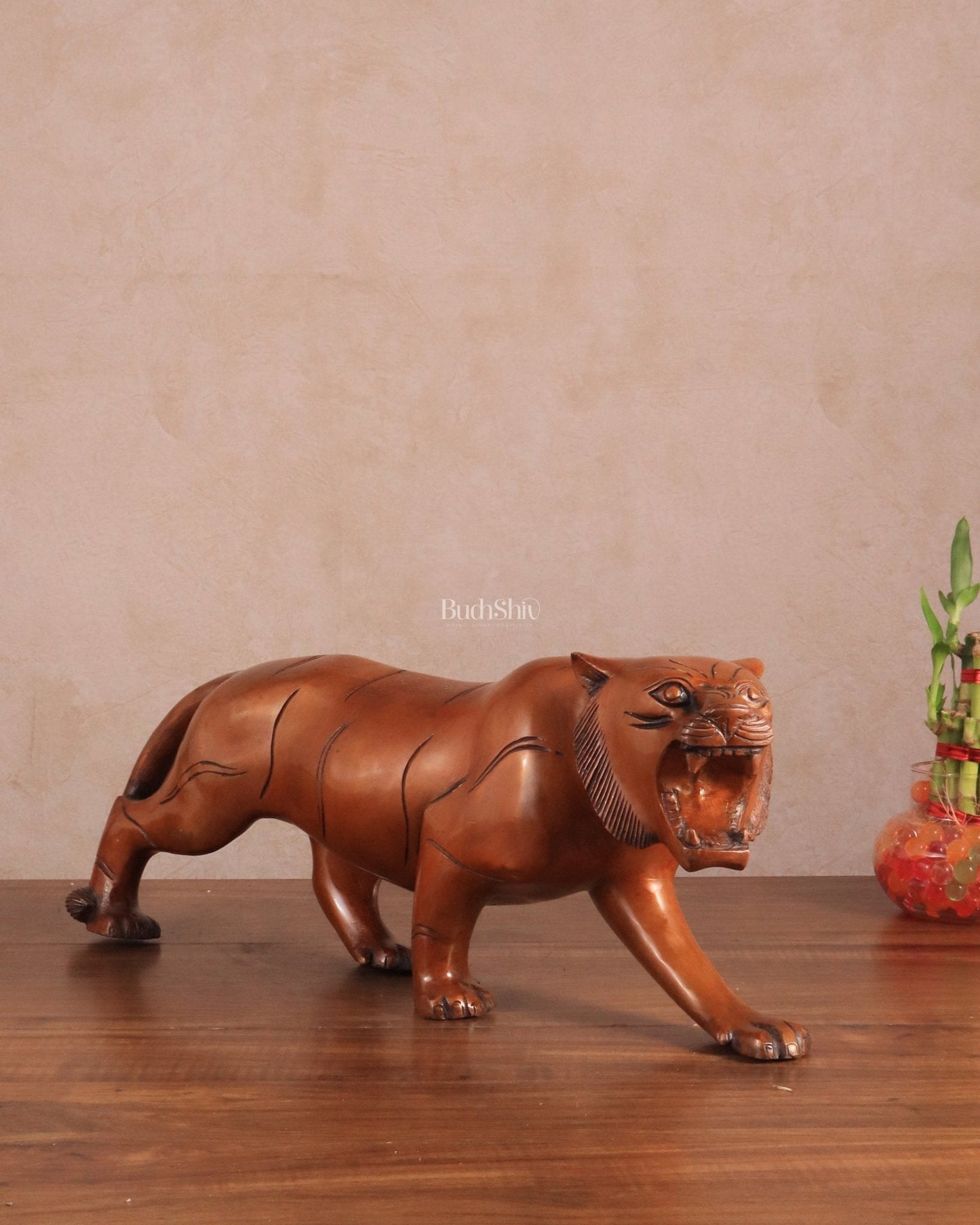Pure Brass Vintage Large Tiger Statue showpiece - 20"x7.5"x6", Vastu Approved brown - Sama Homes Idol - Brass Sculpture