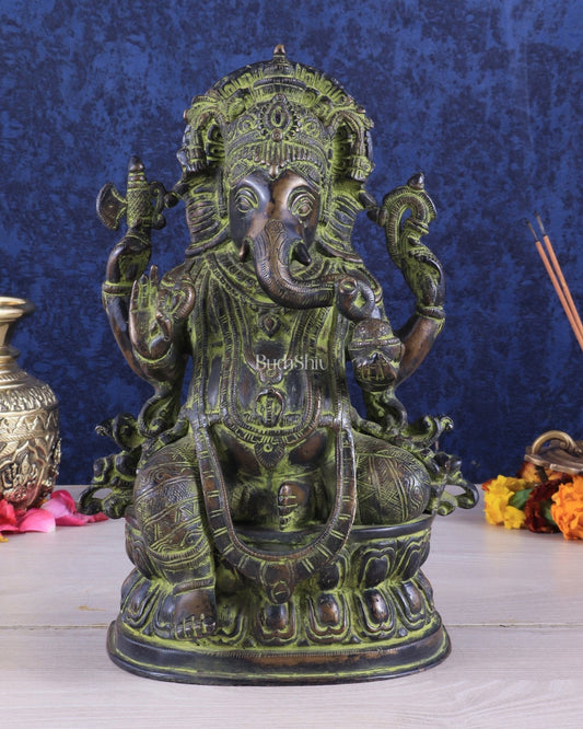 Pure Brass Vintage Lord Ganesha Statue 11 inch sandfinish - Sama Homes Idol - Brass Sculpture