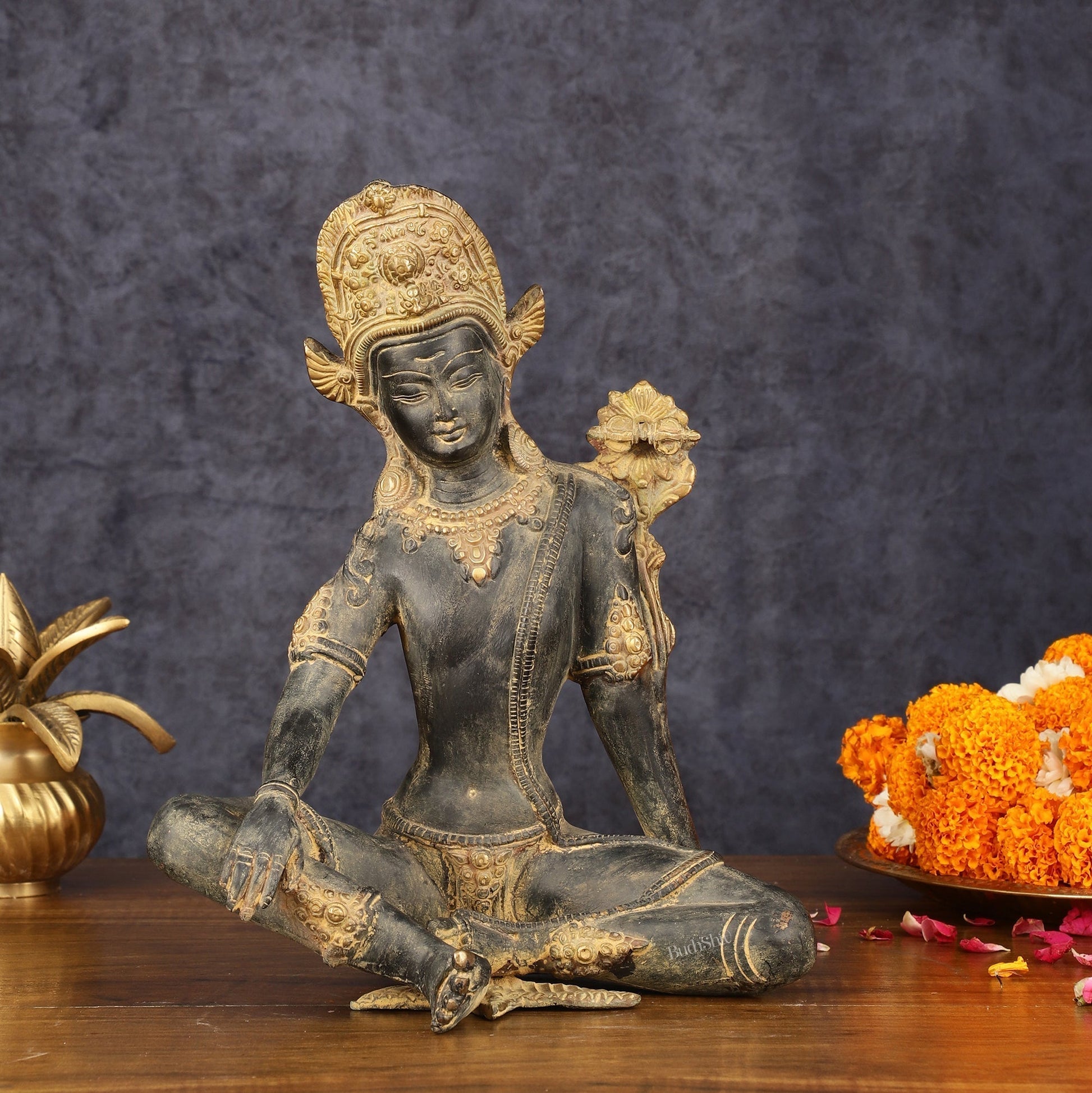 Pure Brass Vintage Lord Indra Idol - Sand Finish Patina, 10" - Sama Homes Idol - Brass Sculpture - Eco-friendly - Sama Homes