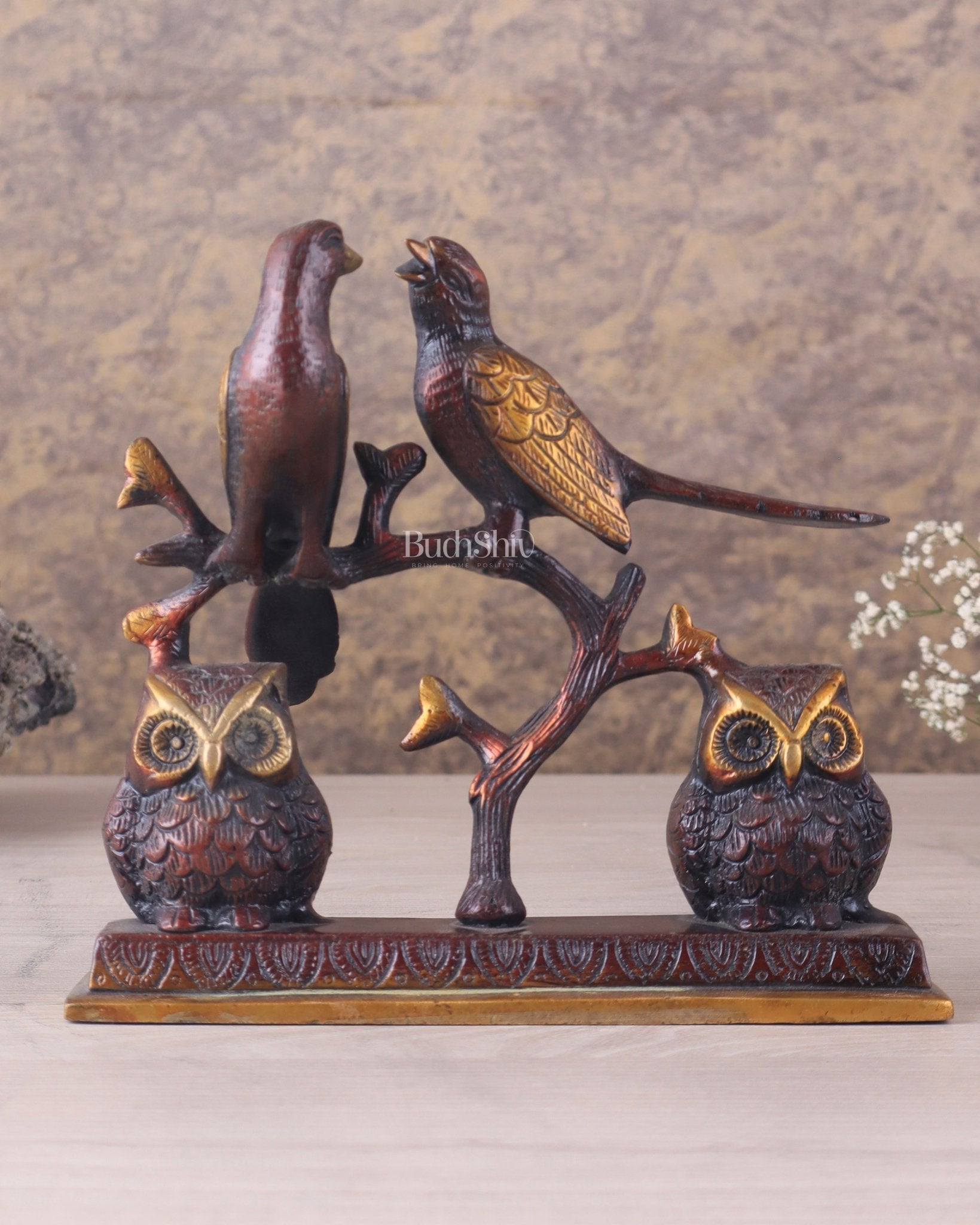 Pure Brass Vintage Tone Pair of Owls with Pair of Pigeons – Vastu Approved Showpiece 8.5" - Sama Homes Idol - Brass Sculpture - Eco-friendly - Sama Homes
