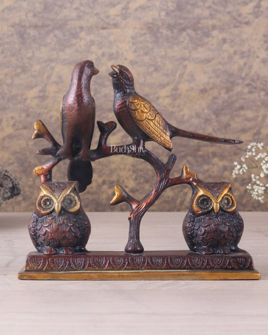 Pure Brass Vintage Tone Pair of Owls with Pair of Pigeons – Vastu Approved Showpiece 8.5" - Sama Homes Idol - Brass Sculpture
