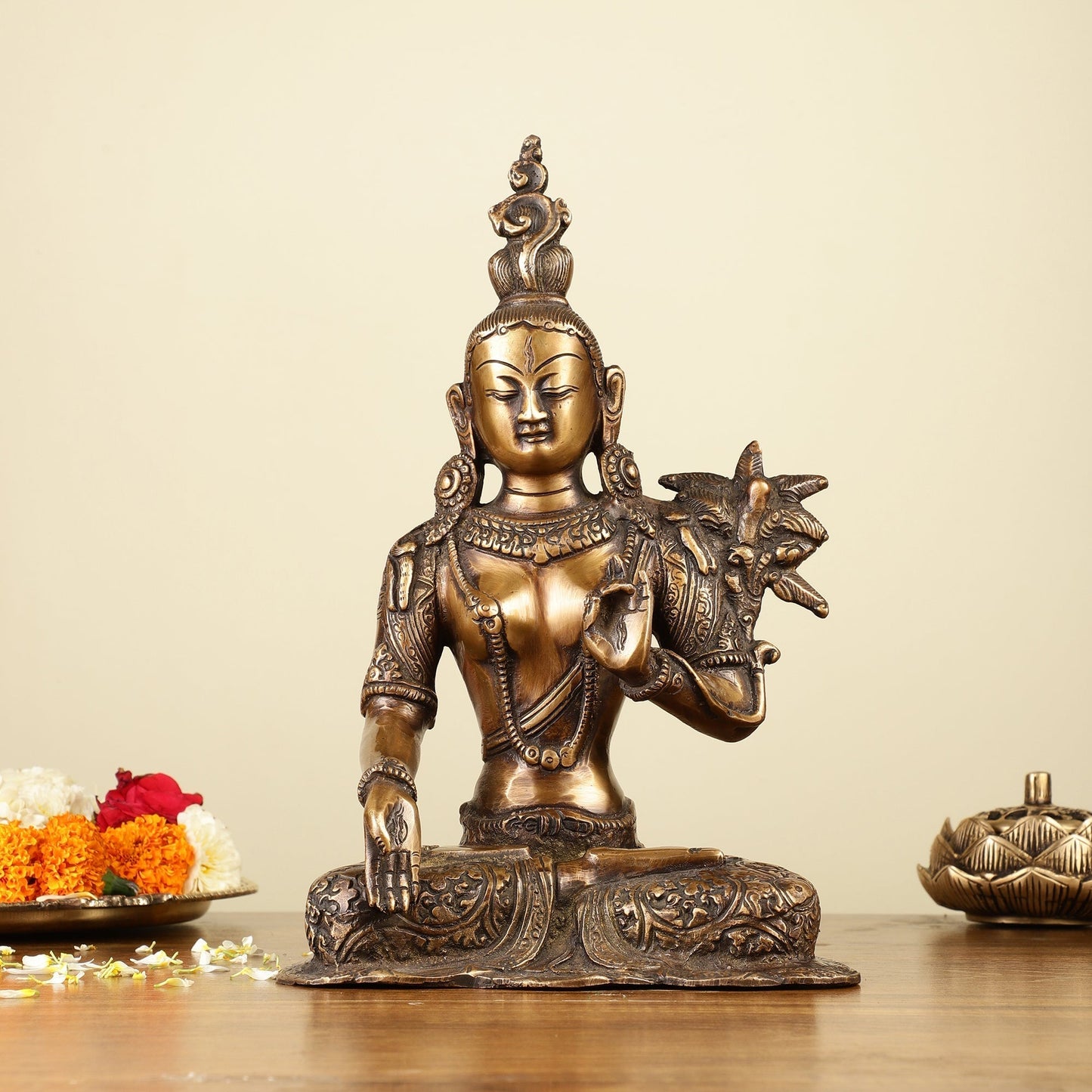 Pure Brass White Tara Devi Idol  10.5" - Sama Homes Idol - Brass Sculpture