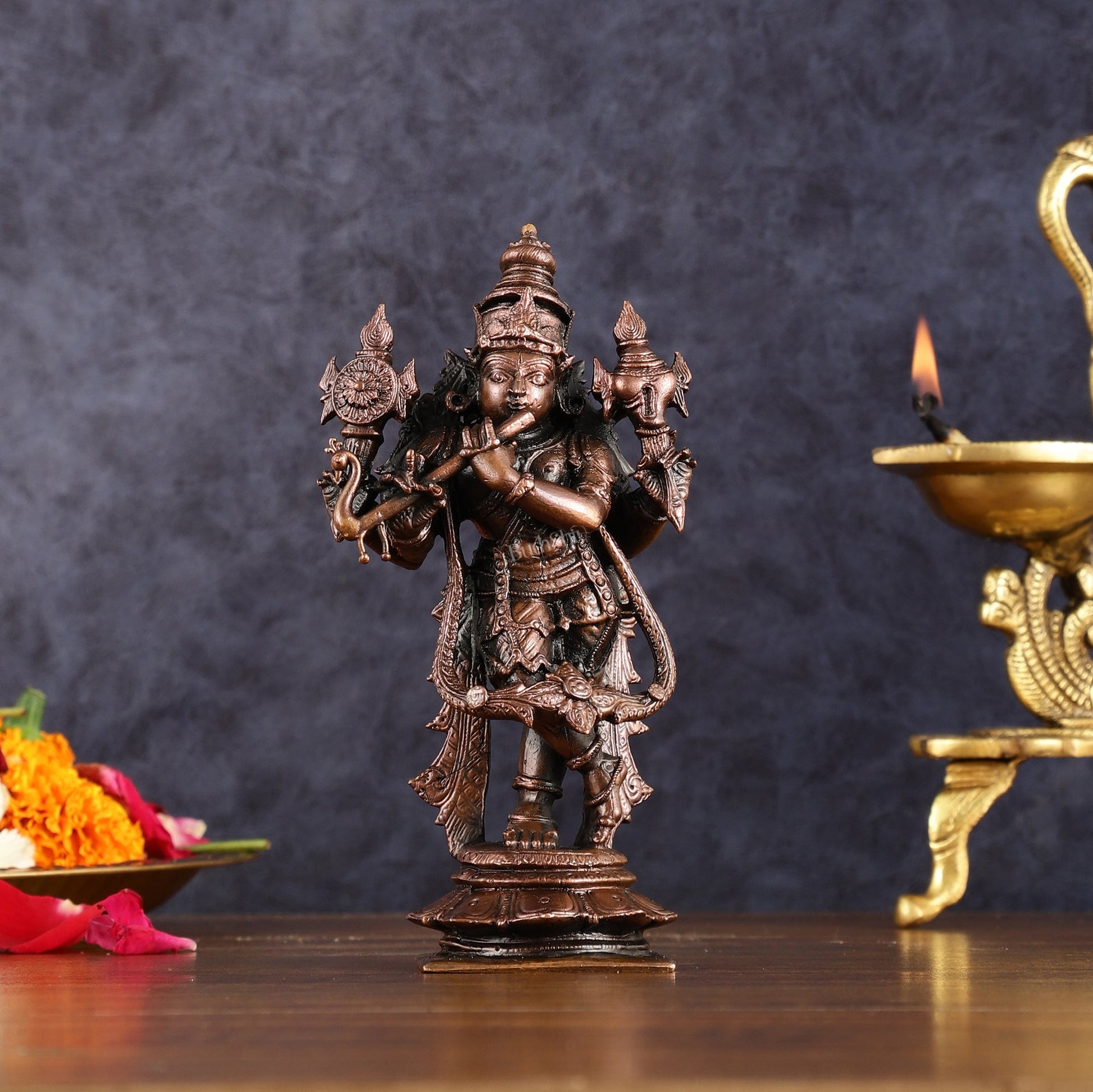 Pure Copper Charbhuja Krishna Idol | 6" - Sama Homes Idol - Brass Sculpture - Eco-friendly - Sama Homes
