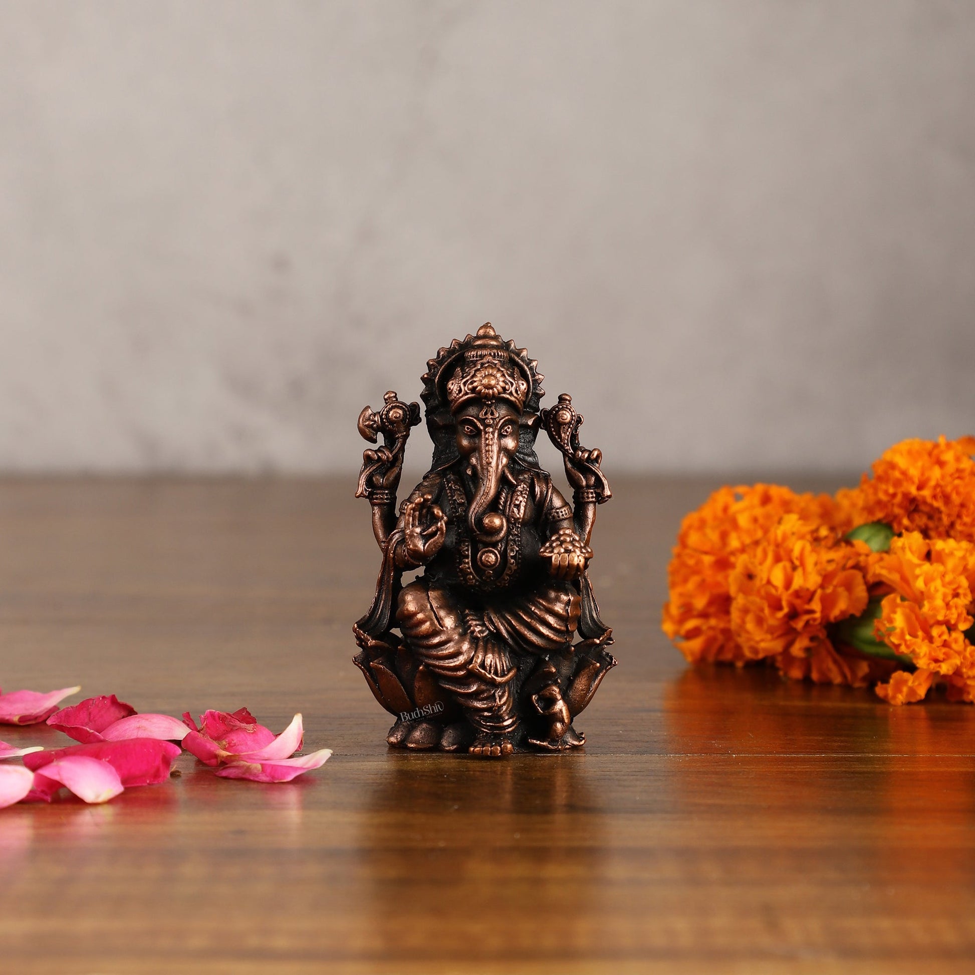 Pure Copper Ganesha on Lotus Idol | 3" - Sama Homes Idol - Brass Sculpture - Eco-friendly - Sama Homes