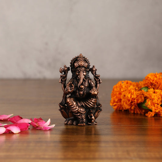Pure Copper Ganesha on Lotus Idol | 3" - Sama Homes Idol - Brass Sculpture