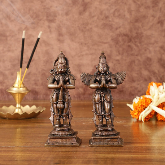 Pure Copper Hanuman Ji and Garuda Dev in Anjali Mudra - 4" Tall - Sama Homes Idol - Brass Sculpture