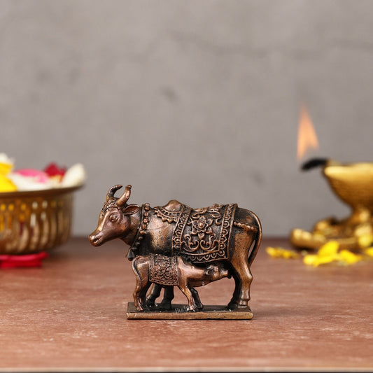 Pure Copper kamdhenu cow Gomatha Vigaraha - with Calf Idol, 2" - Sama Homes Idol - Brass Sculpture