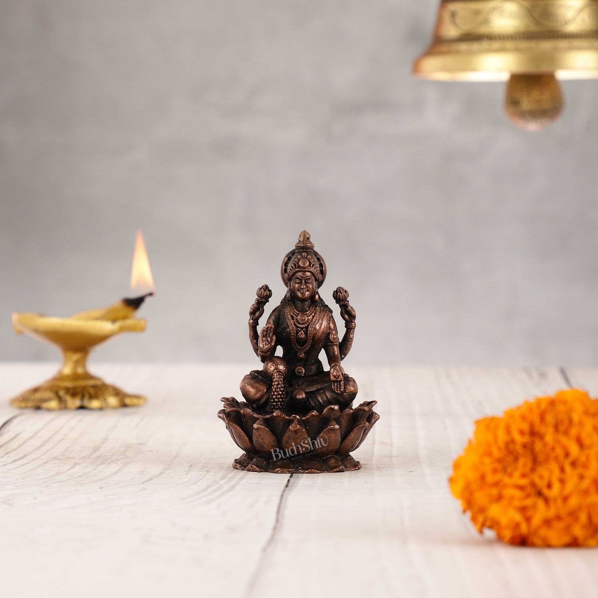 Pure Copper Lakshmi on Lotus Idol | 3" - Sama Homes Idol - Brass Sculpture - Eco-friendly - Sama Homes