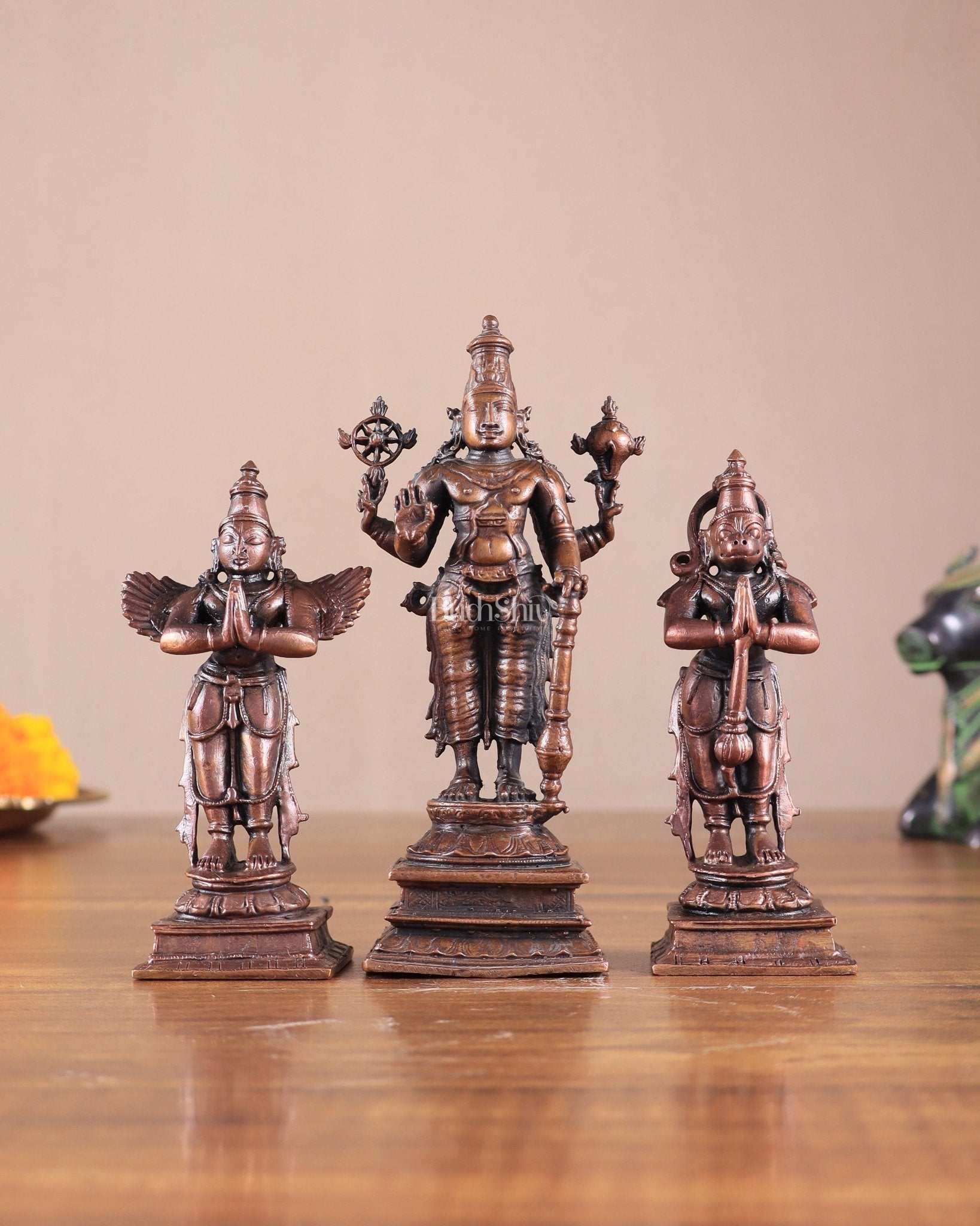 Pure Copper Lord Vishnu with Hanuman & Garuda Idol Set 5.5" - Sama Homes Idol - Brass Sculpture - Eco-friendly - Sama Homes