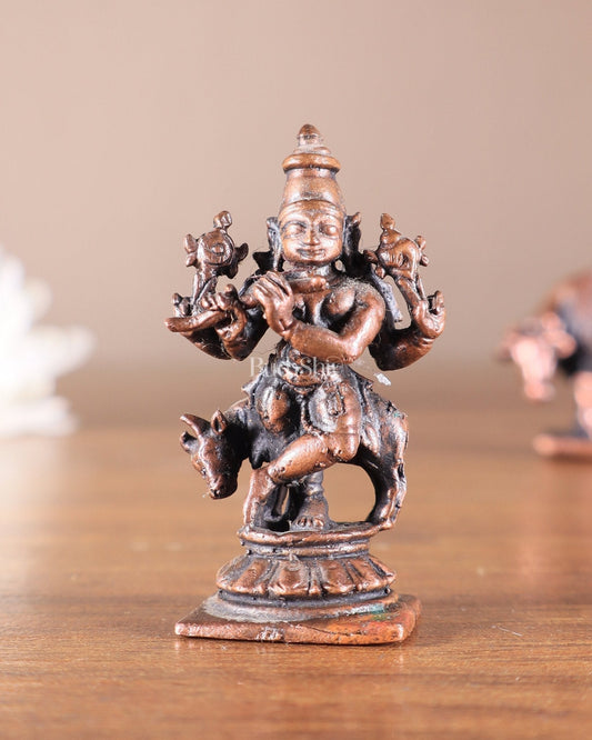 Pure Copper Miniature Lord Krishna with Cow Idol 2" - Sama Homes Idol - Brass Sculpture