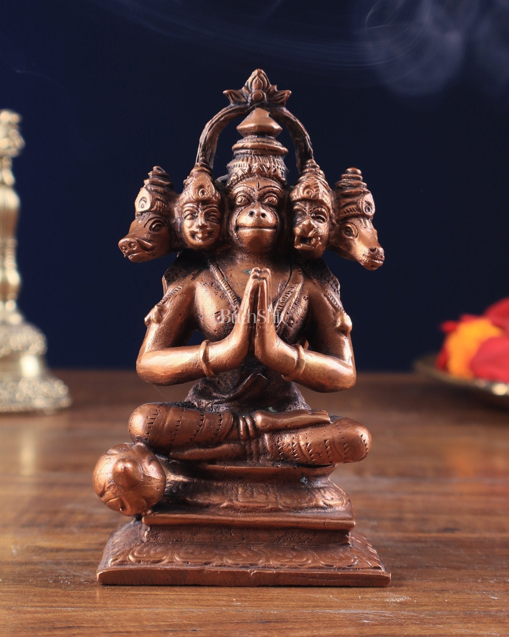Pure Copper Panchmukhi Hanuman Sitting with Crossed Legs Idol 5" - Sama Homes Idol - Brass Sculpture - Eco-friendly - Sama Homes