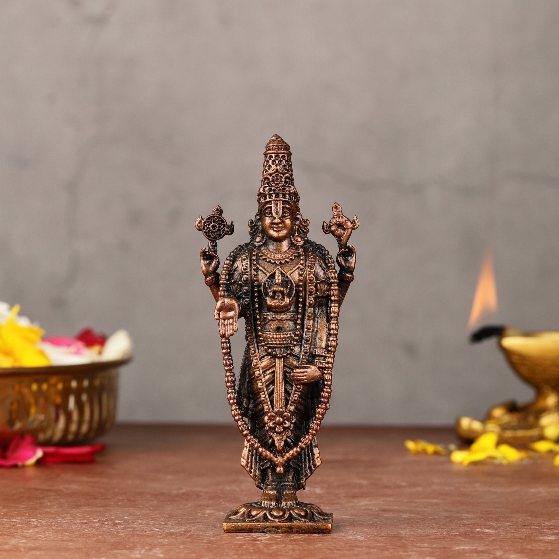 Pure Copper Perumal Lord Tirupati Balaji Idol - 4.5-inch - Sama Homes Idol - Brass Sculpture - Eco-friendly - Sama Homes