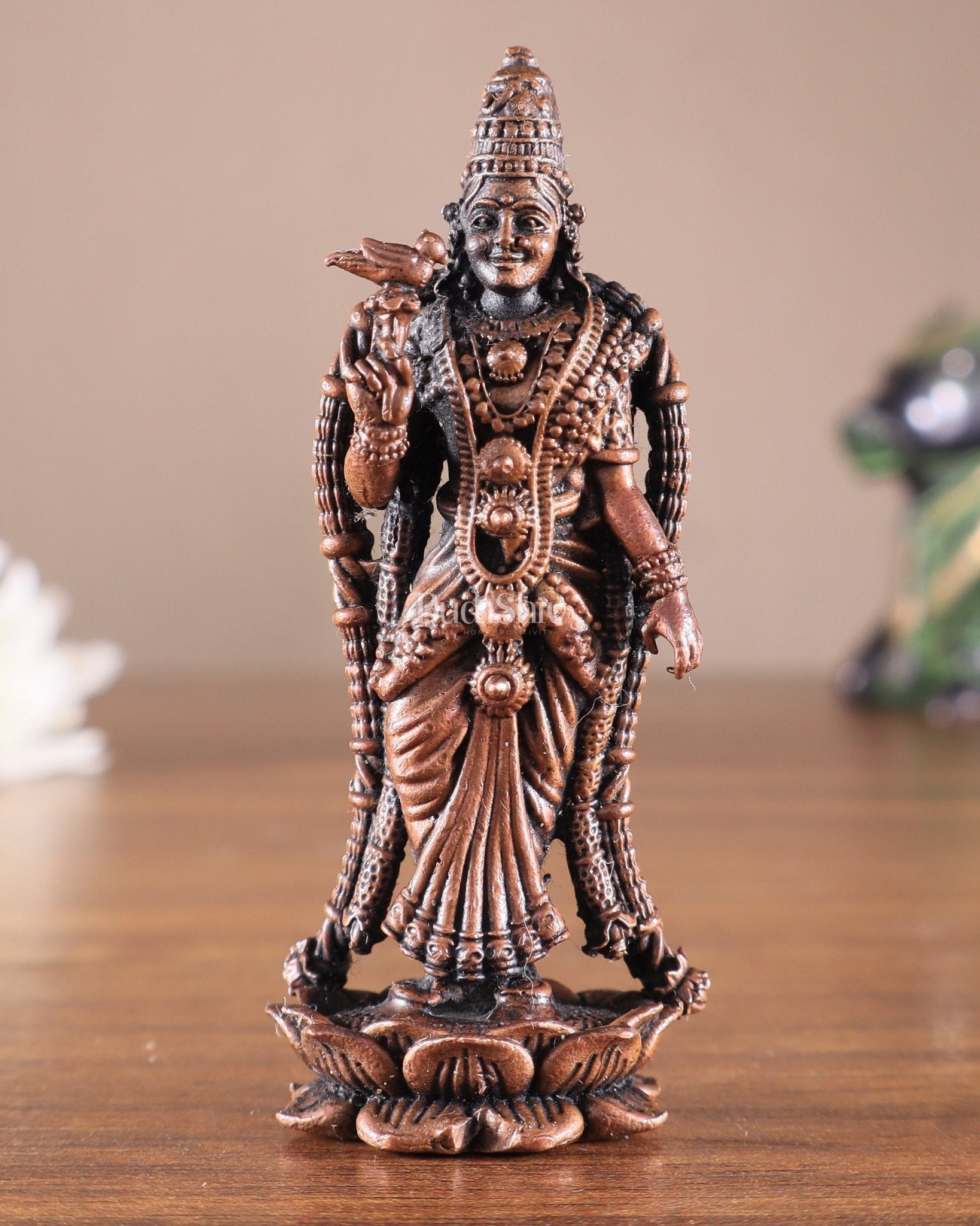 Pure Copper Standing Meenakshi Devi Idol – 5 Inch, 310g - Sama Homes Idol - Brass Sculpture - Eco-friendly - Sama Homes