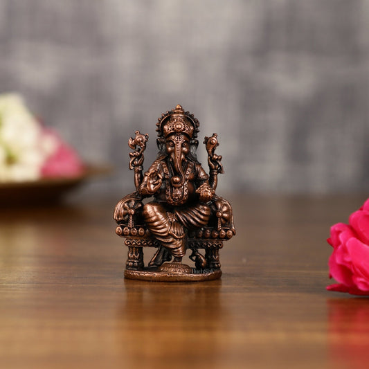 Pure Copper Throne Ganesha Idol | 2 Inch Height - Sama Homes Idol - Brass Sculpture
