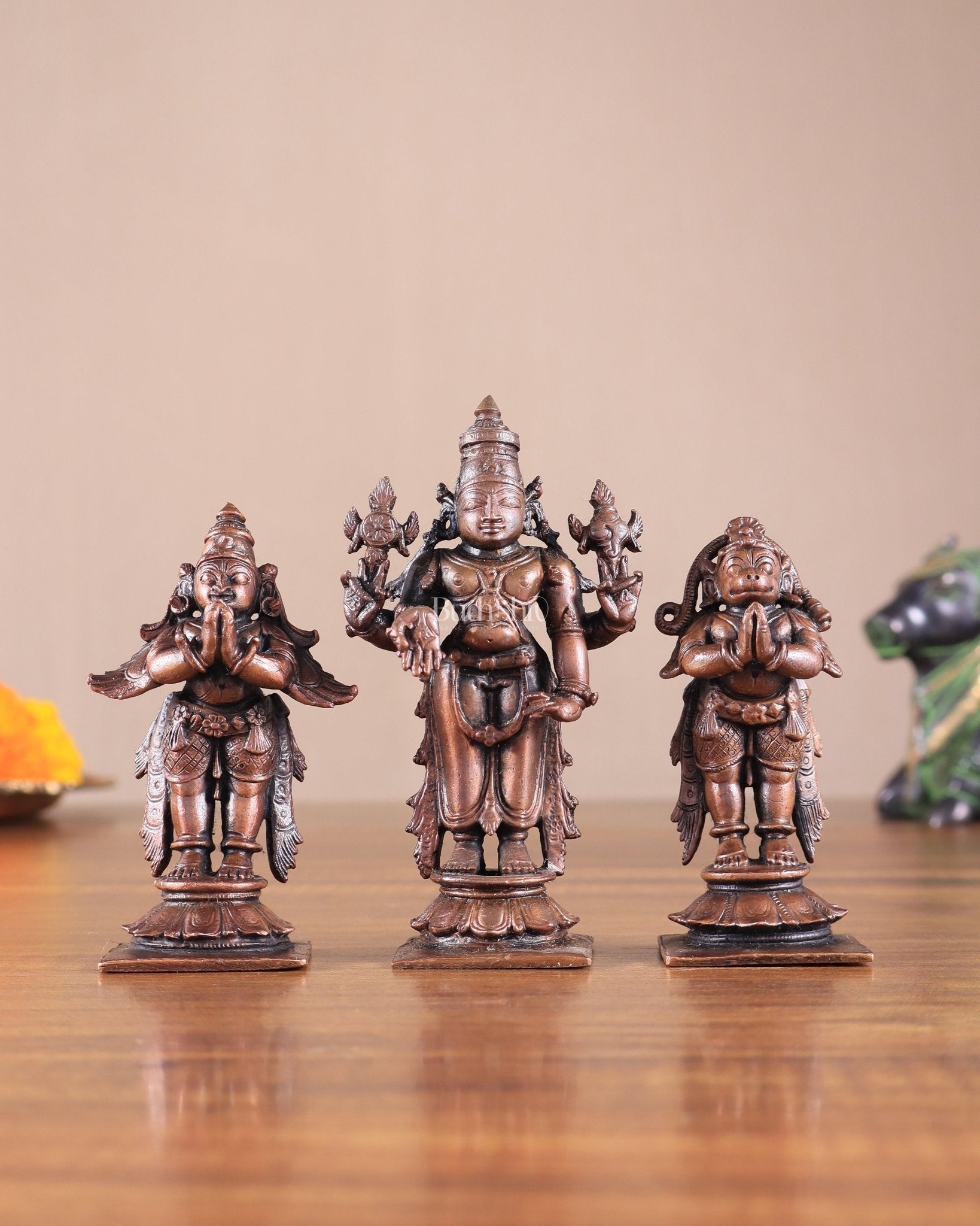 Pure Copper Tirupati Balaji with Hanuman & Garuda Idol Set 5" - Sama Homes Idol - Brass Sculpture - Eco-friendly - Sama Homes